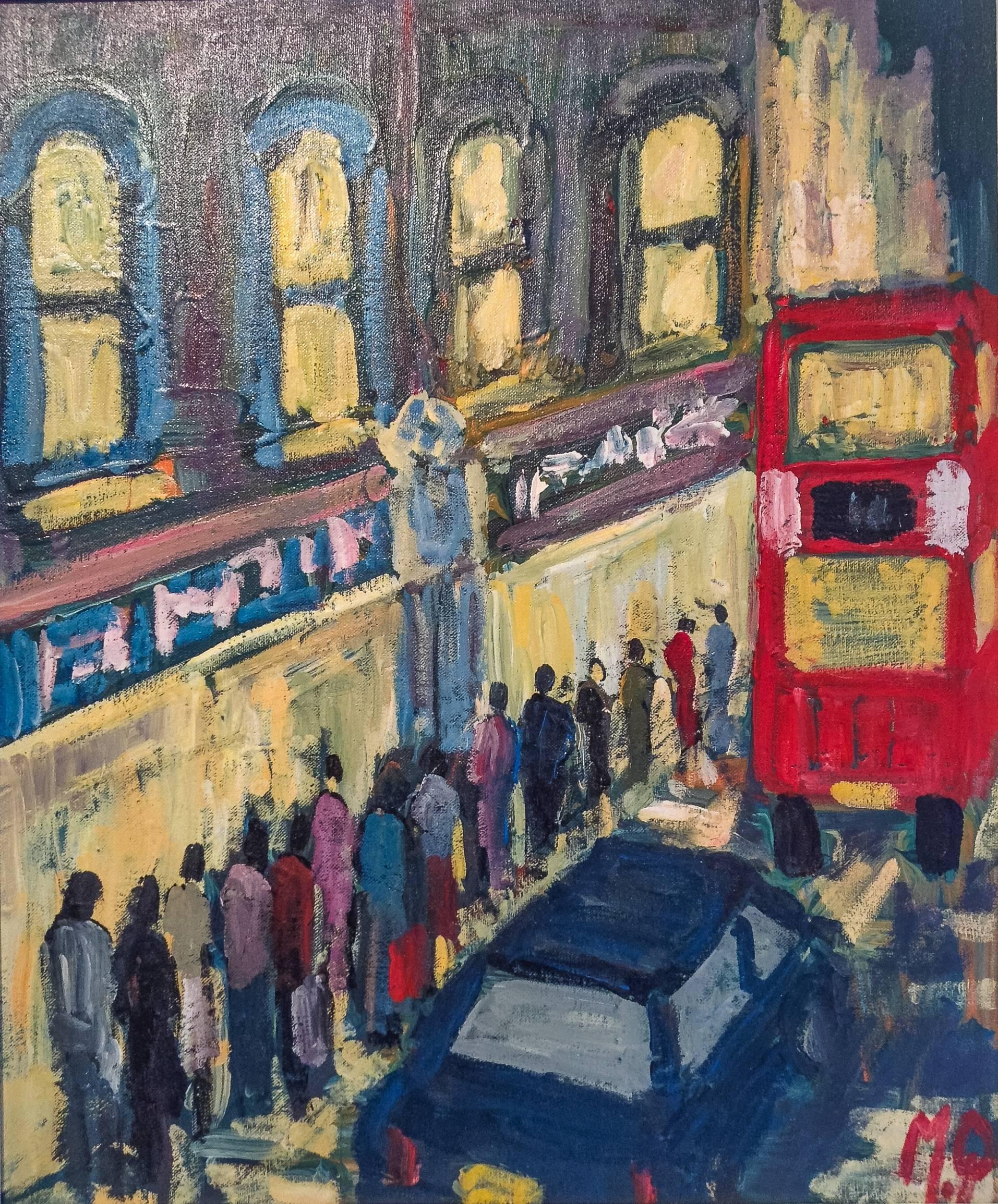 Abstract Painting di Michael Quirke - Late Night Shopping - Paesaggio urbano di Londra pittura ad olio astratta figurativa e realistica