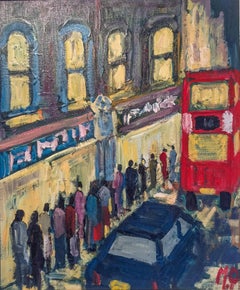 Shopping de fin de soirée - paysage urbain de Londres peinture à l'huile abstraite figurative réaliste