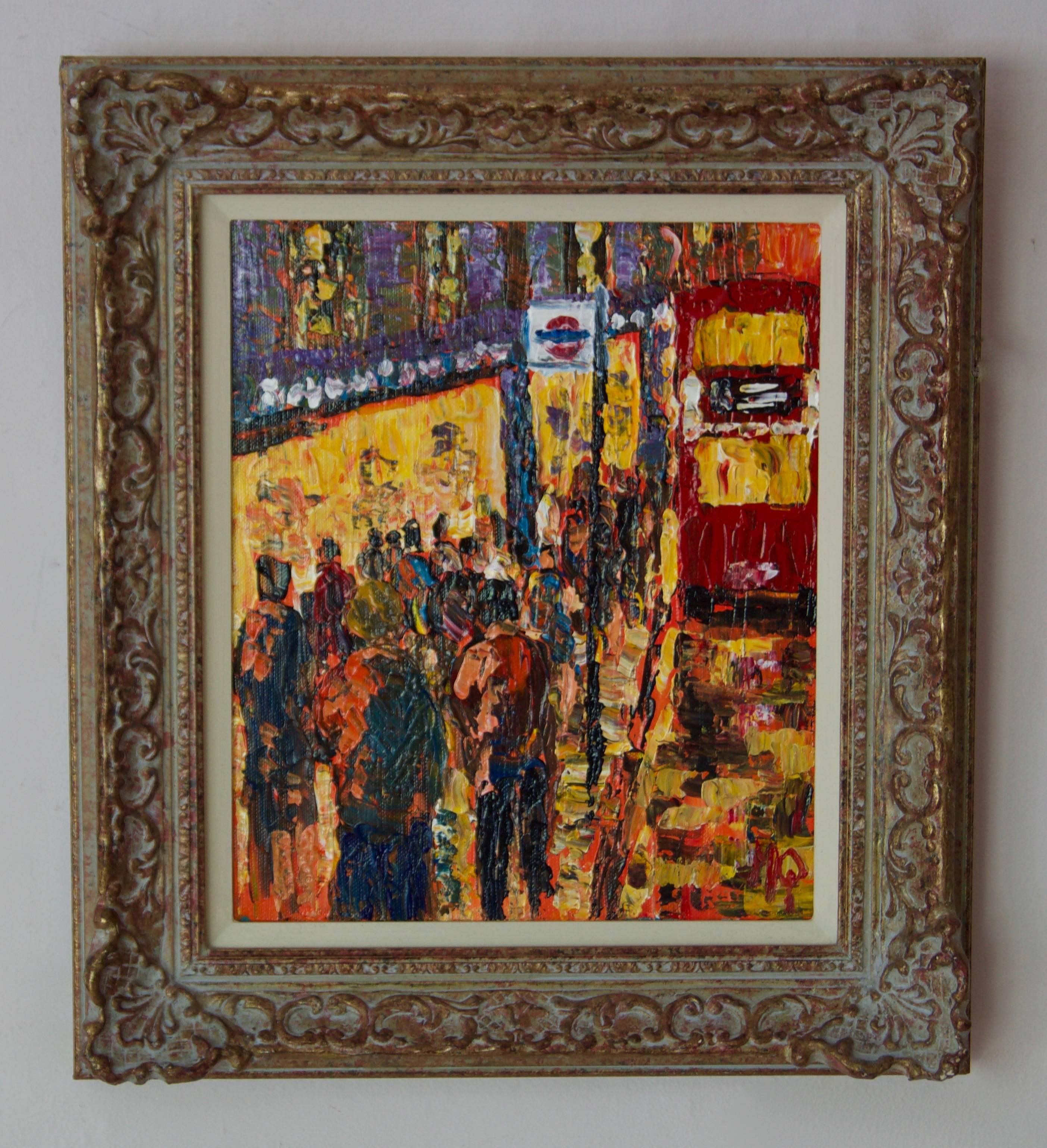 London High Street - Late 20th Century Impressionist Acrylic of Bus Stop Quirke - Painting by Michael Quirke