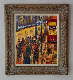 London High Street - Late 20th Century Impressionist Acrylic of Bus Stop Quirke