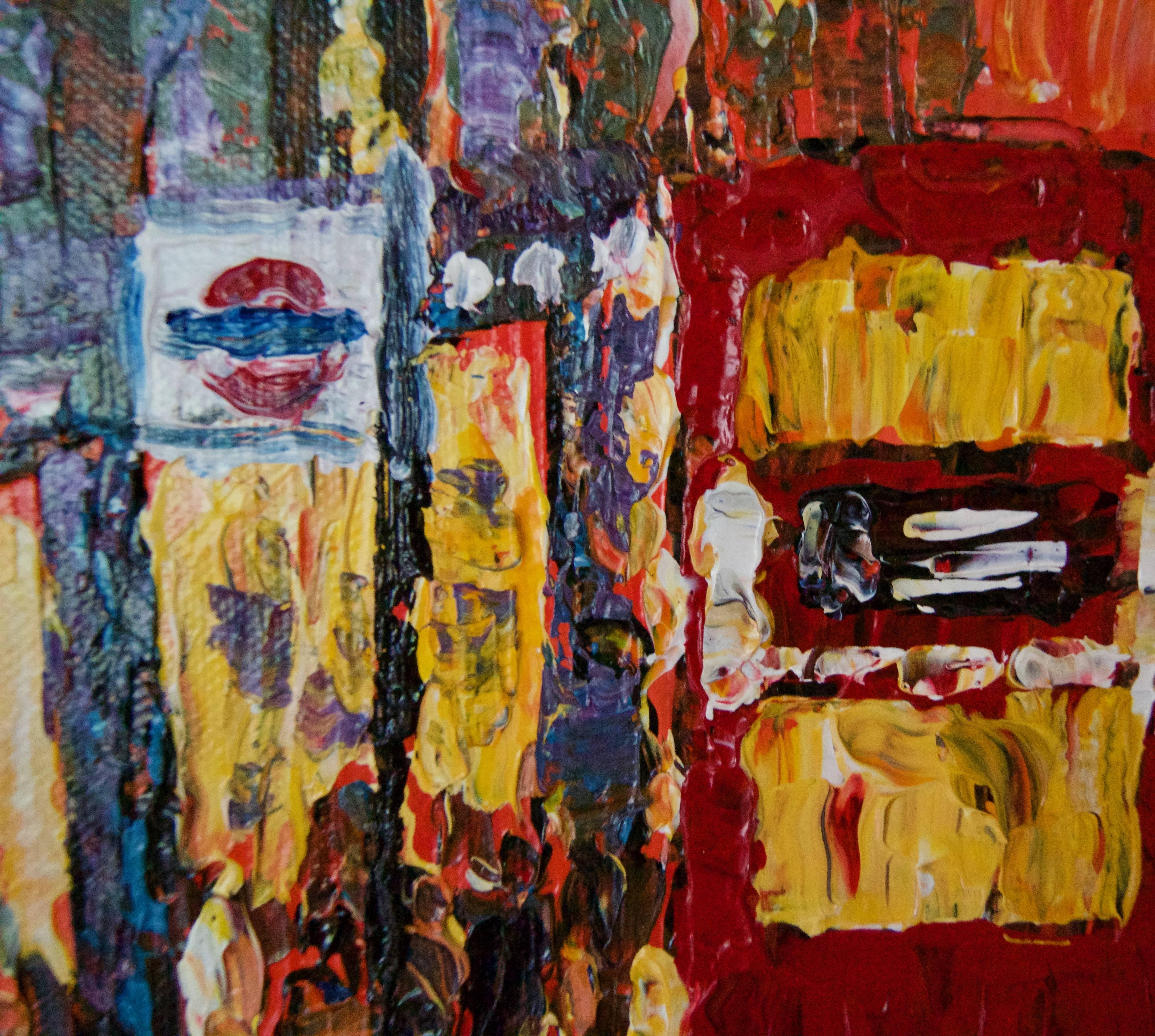 London High Street - Late 20th Century Impressionist Acrylic of Bus Stop Quirke - Post-Impressionist Painting by Michael Quirke