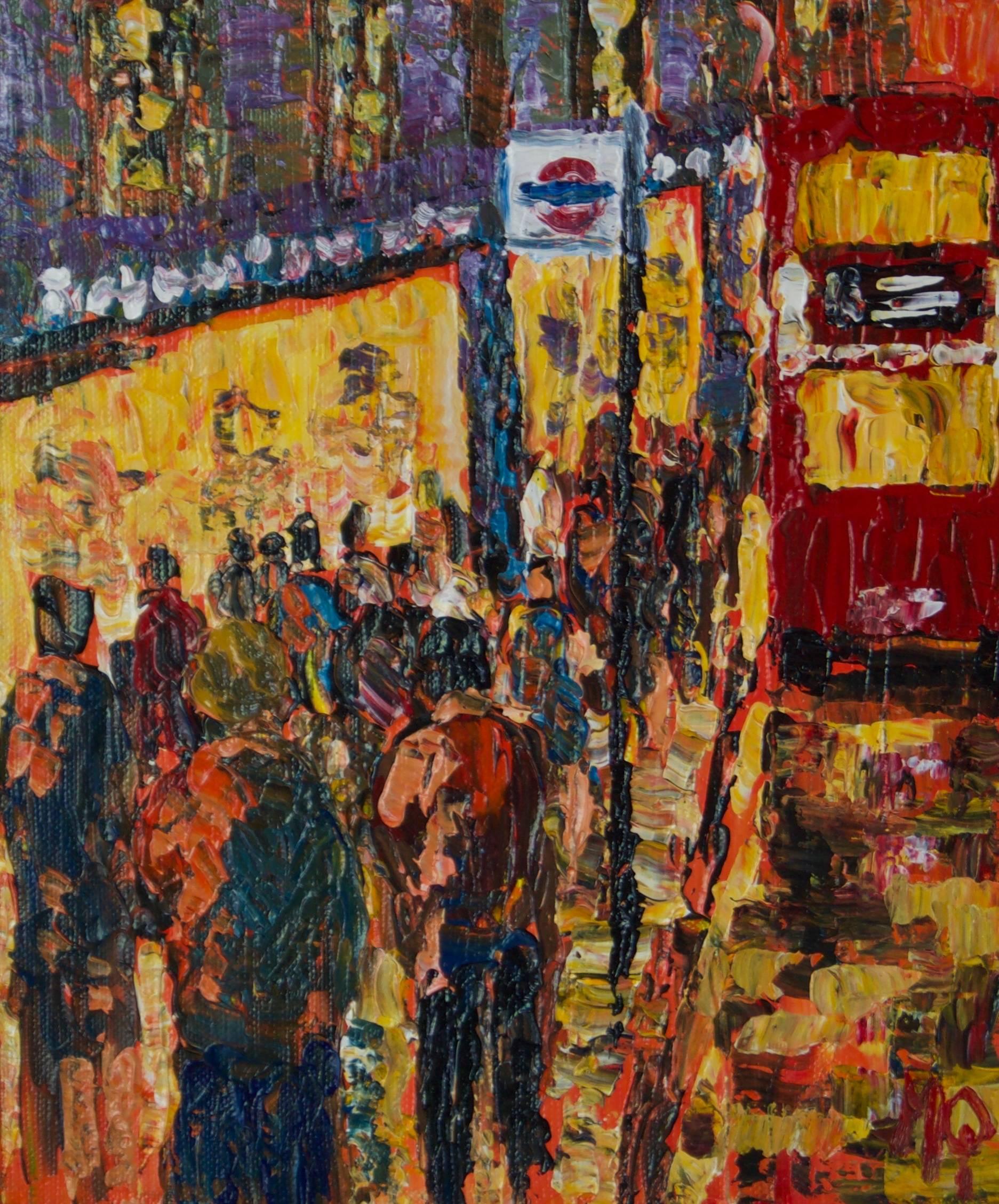 Figurative Painting de Michael Quirke - London High Street - Acrílico impresionista de finales del siglo XX de la parada de autobús Quirke
