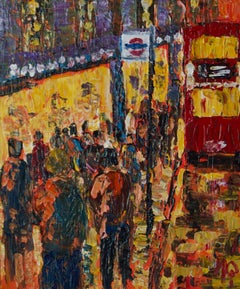 London High Street - Late 20th Century Impressionist Acrylic of Bus Stop Quirke
