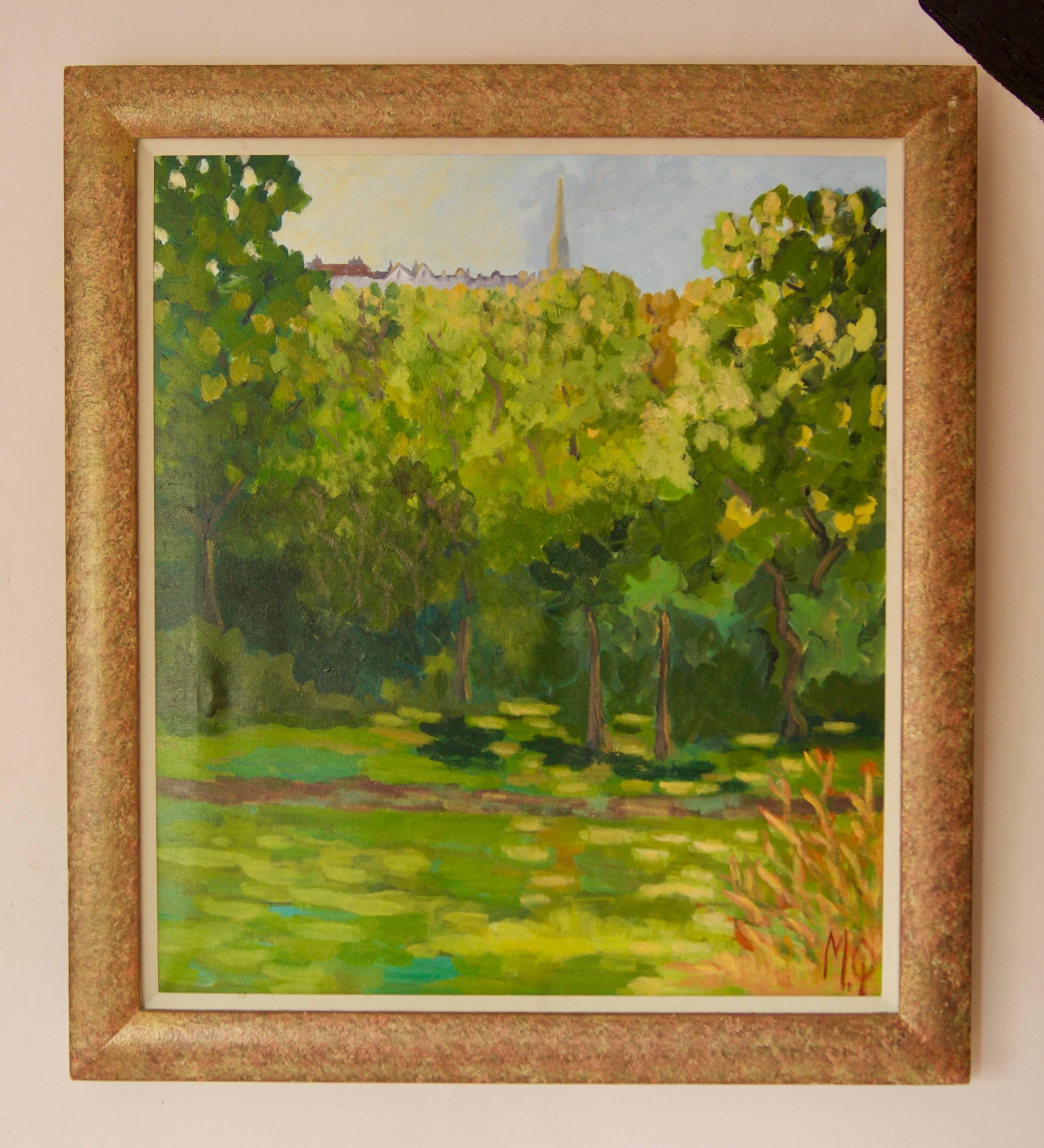 Mirando hacia Highgate - Paisaje de parque de finales del siglo XX en Londres por Quirke - Painting Posimpresionista de Michael Quirke