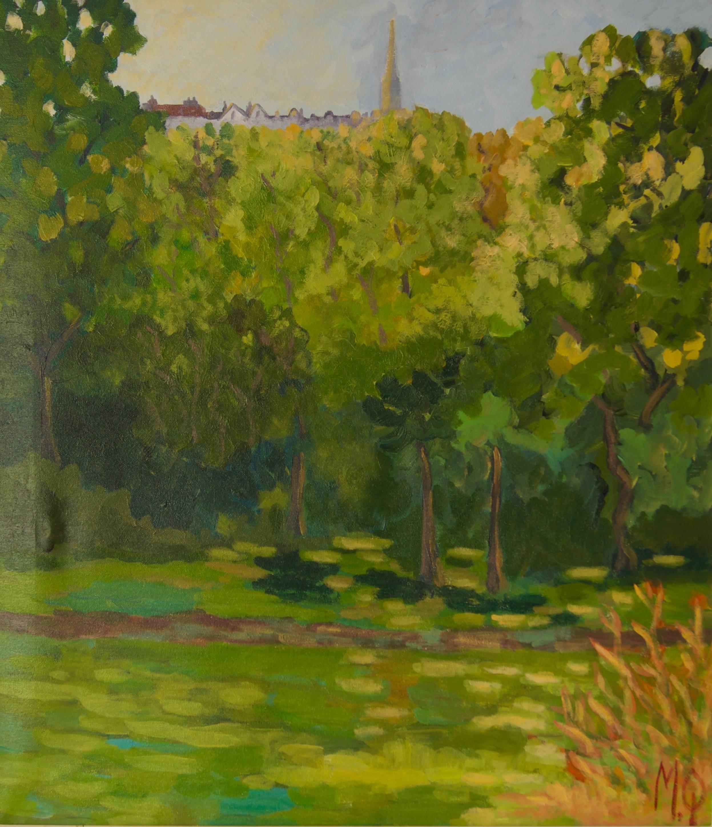 Landscape Painting Michael Quirke - Looking Up To Highgate - Paysage de Park à Londres de la fin du 20e siècle par Quirke