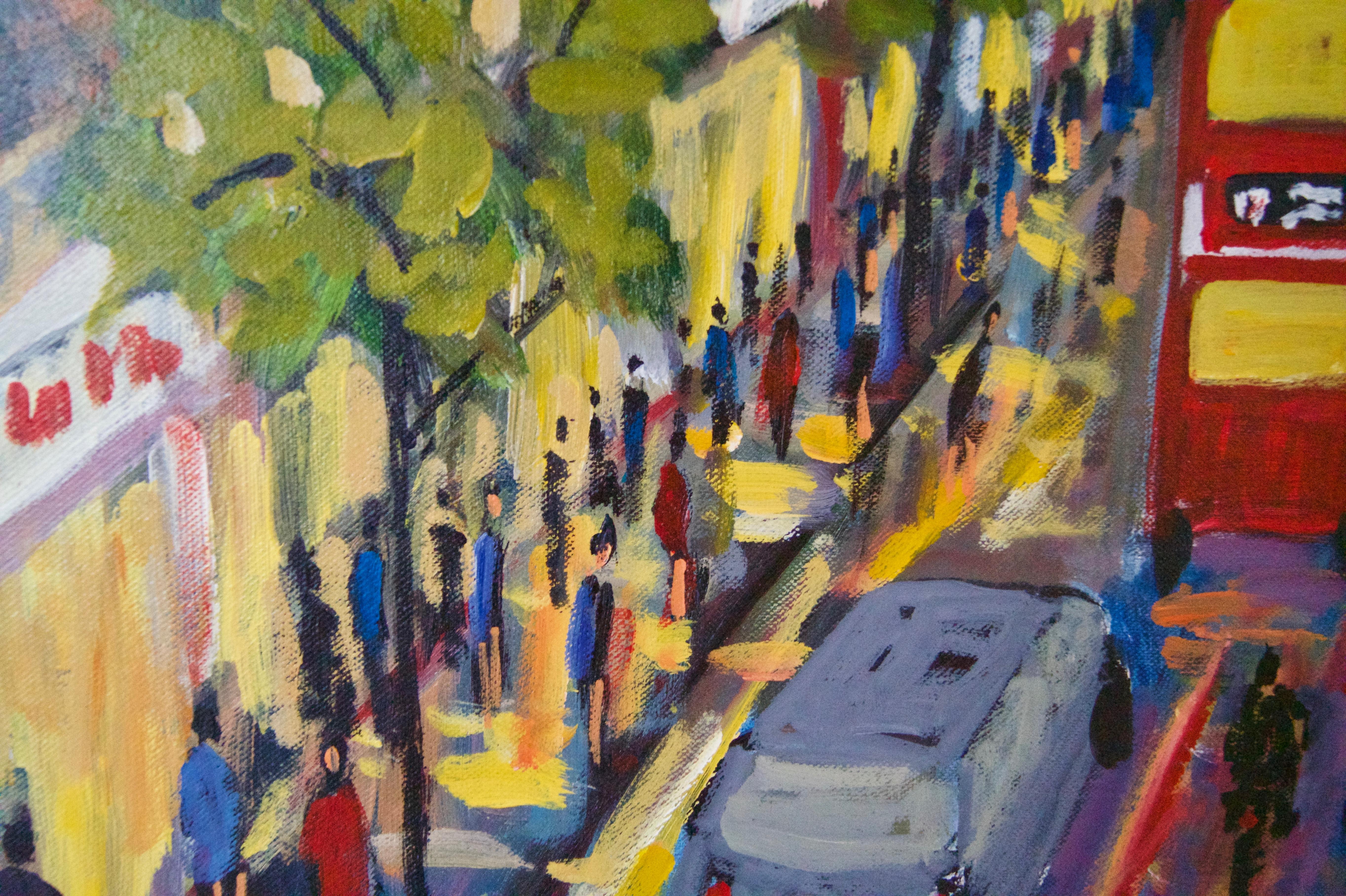 Oxford Street - Late 20th Century Impressionist Acrylic Piece of London - Quirke - Brown Landscape Painting by Michael Quirke