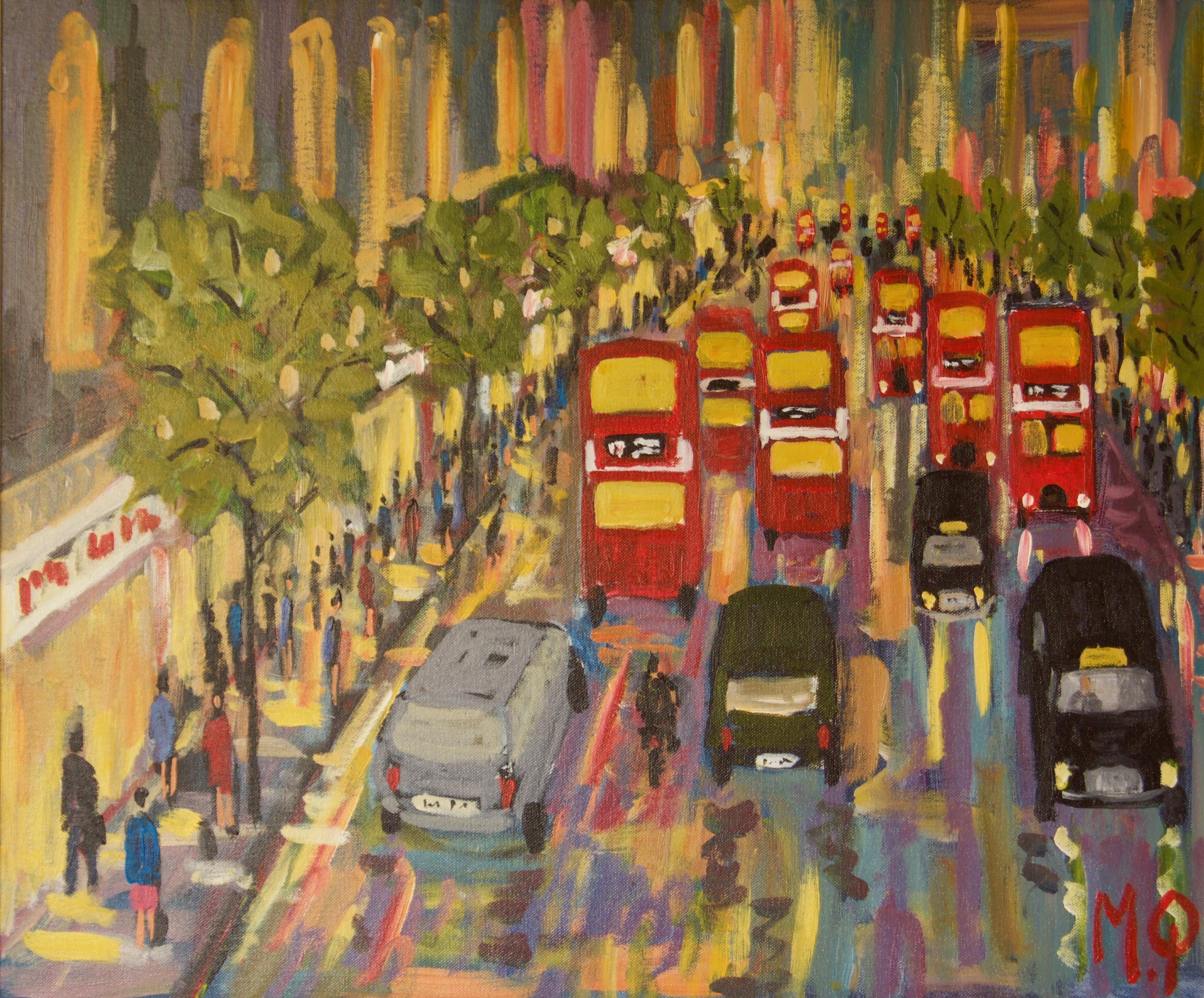 Michael Quirke Landscape Painting - Oxford Street - Late 20th Century Impressionist Acrylic Piece of London - Quirke