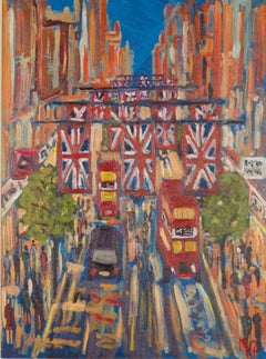 Oxford Street Londres - Acrílico impresionista de finales del siglo XX por Michael Quirke
