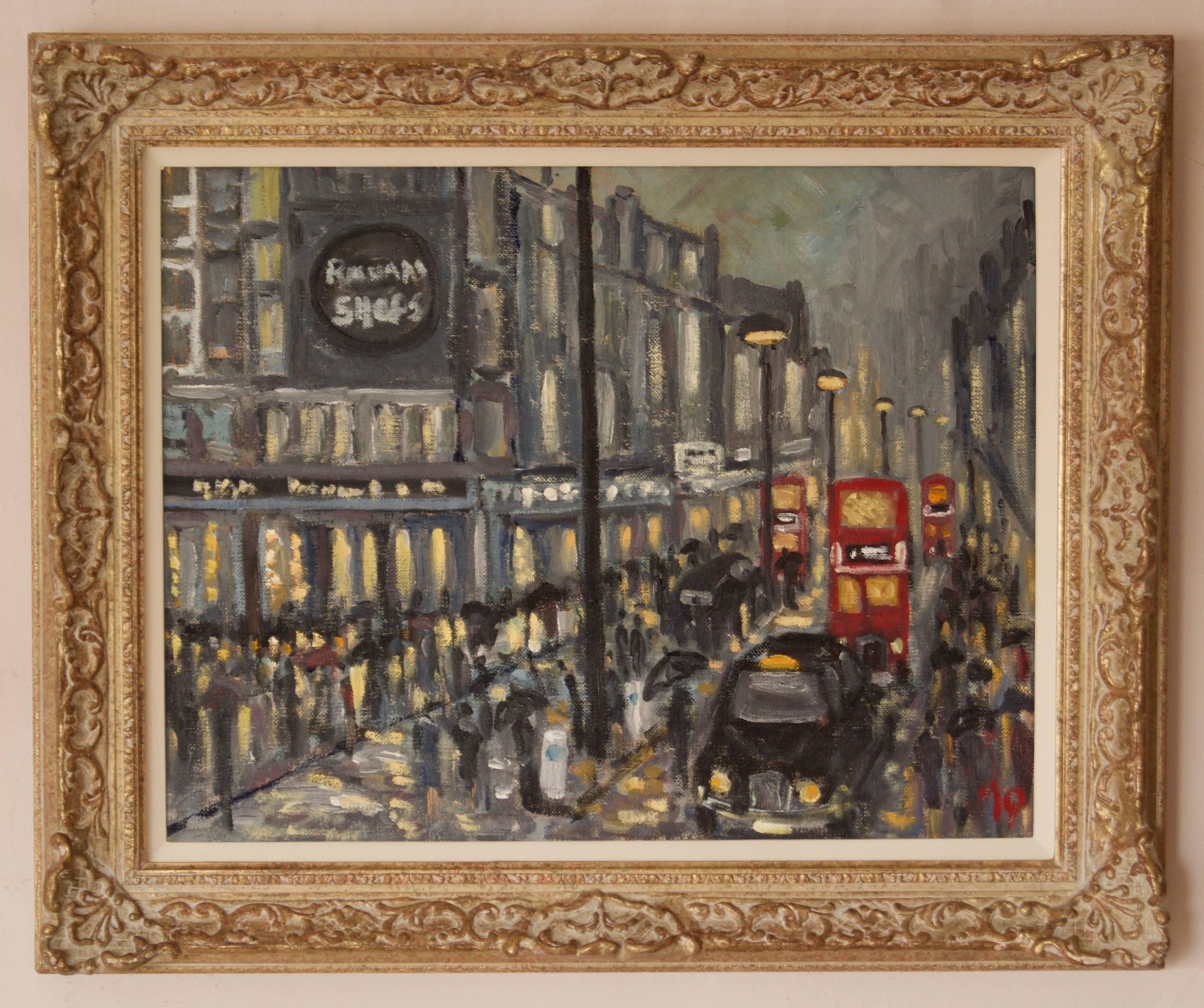 Rainy Night Shopping in London - Late 20th Century Impressionist Piece by Quirke - Painting by Michael Quirke