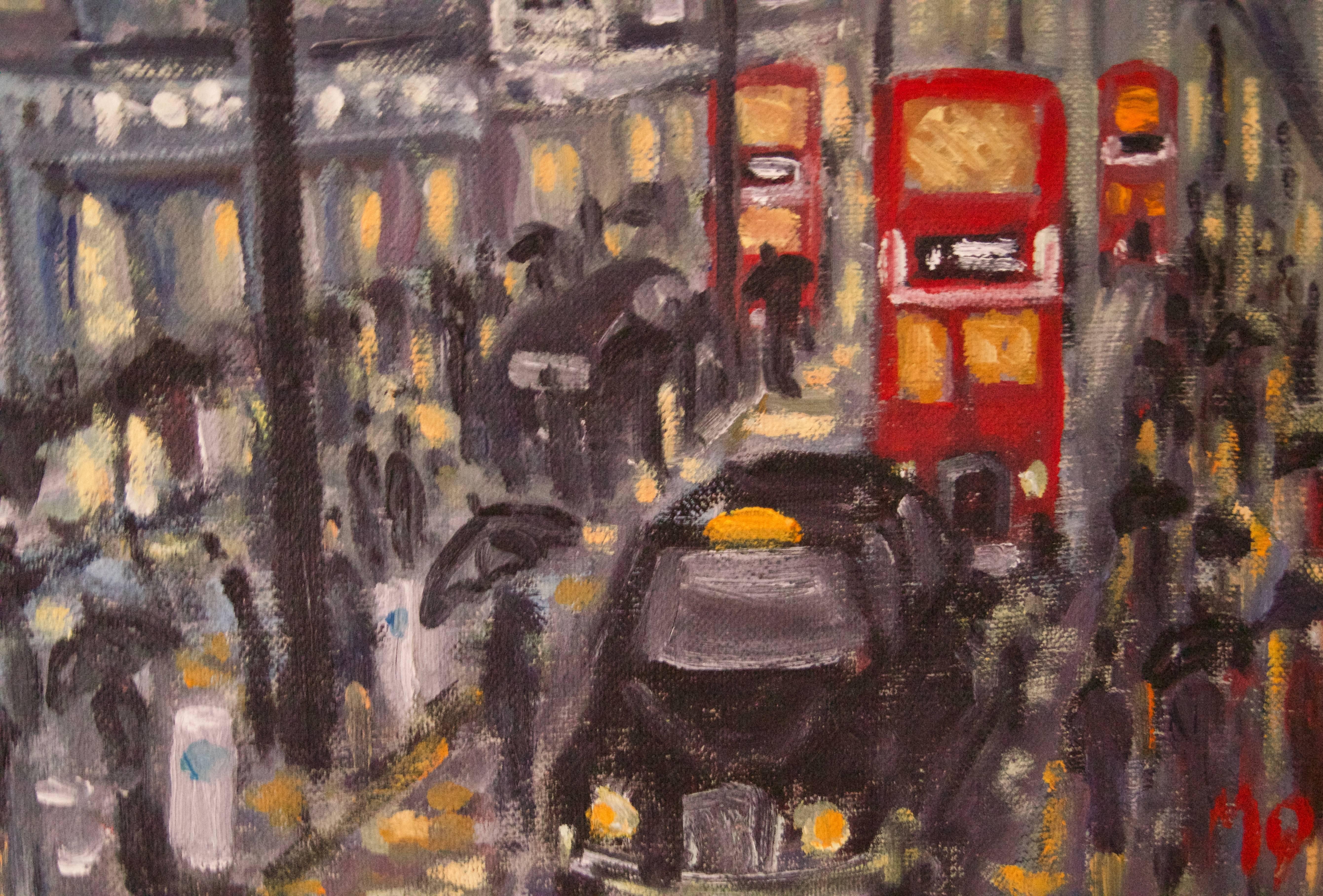 Shopping notturno a Londra - Opera impressionista di Quirke della fine del XX secolo - Figurative Painting Marrone di Michael Quirke