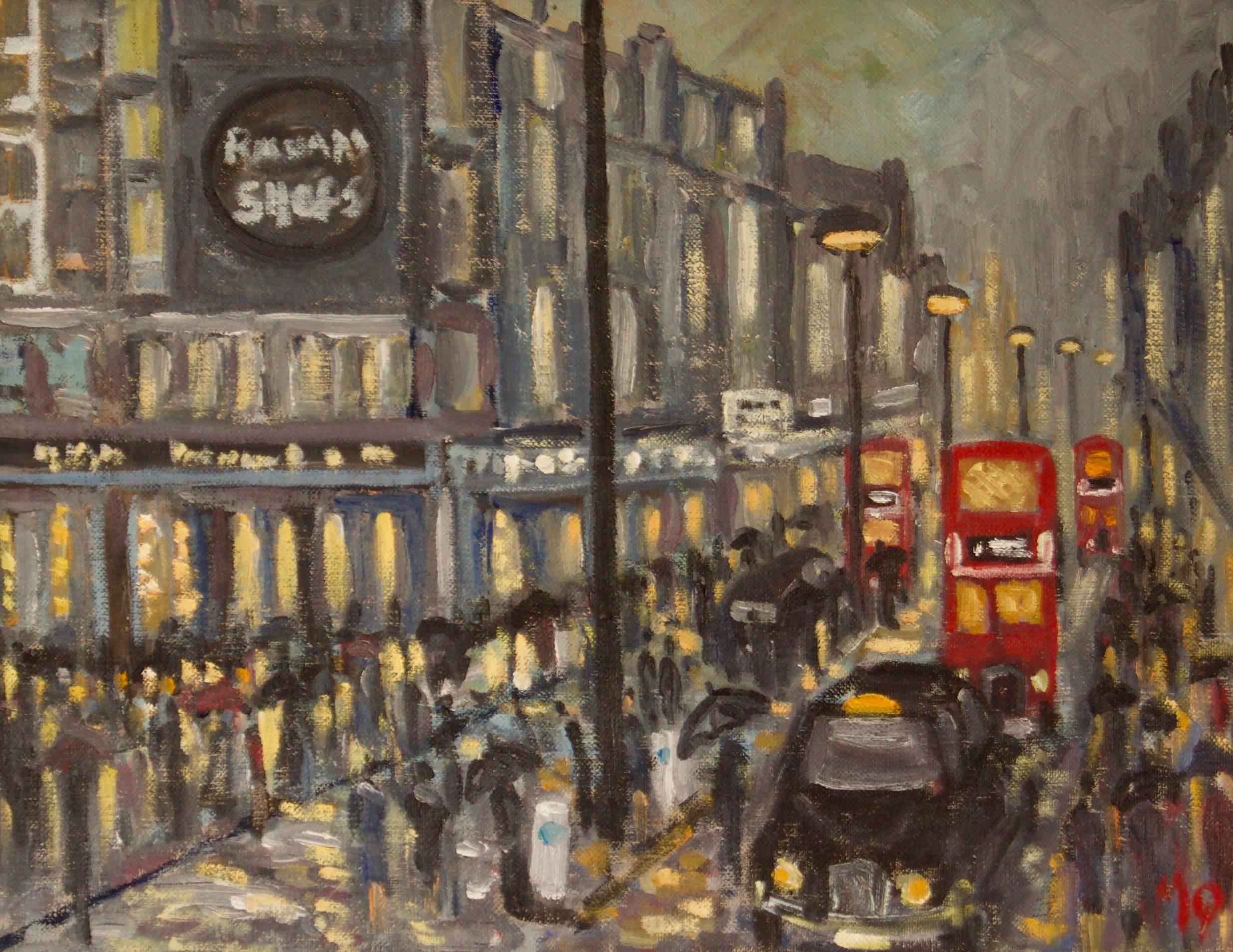 Michael Quirke Landscape Painting - Rainy Night Shopping in London - Late 20th Century Impressionist Piece by Quirke
