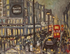 Vintage Rainy Night Shopping in London - Late 20th Century Impressionist Piece by Quirke