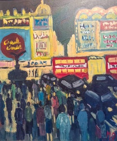 Rush Hour - London cityscape abstrait figuratif peinture à l'huile moderne