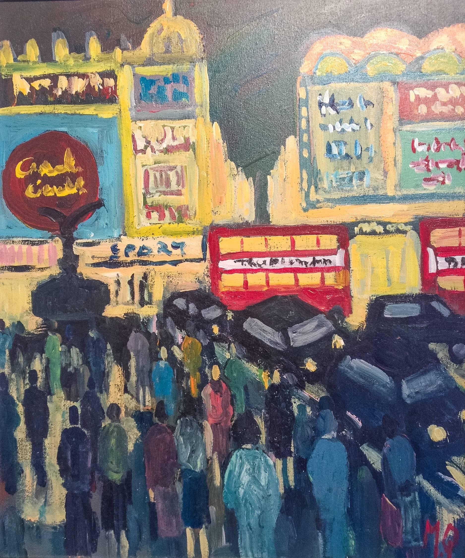 Pintura al óleo original «Hora punta», paisaje urbano, figurativo abstracto, 60 x 50 cm