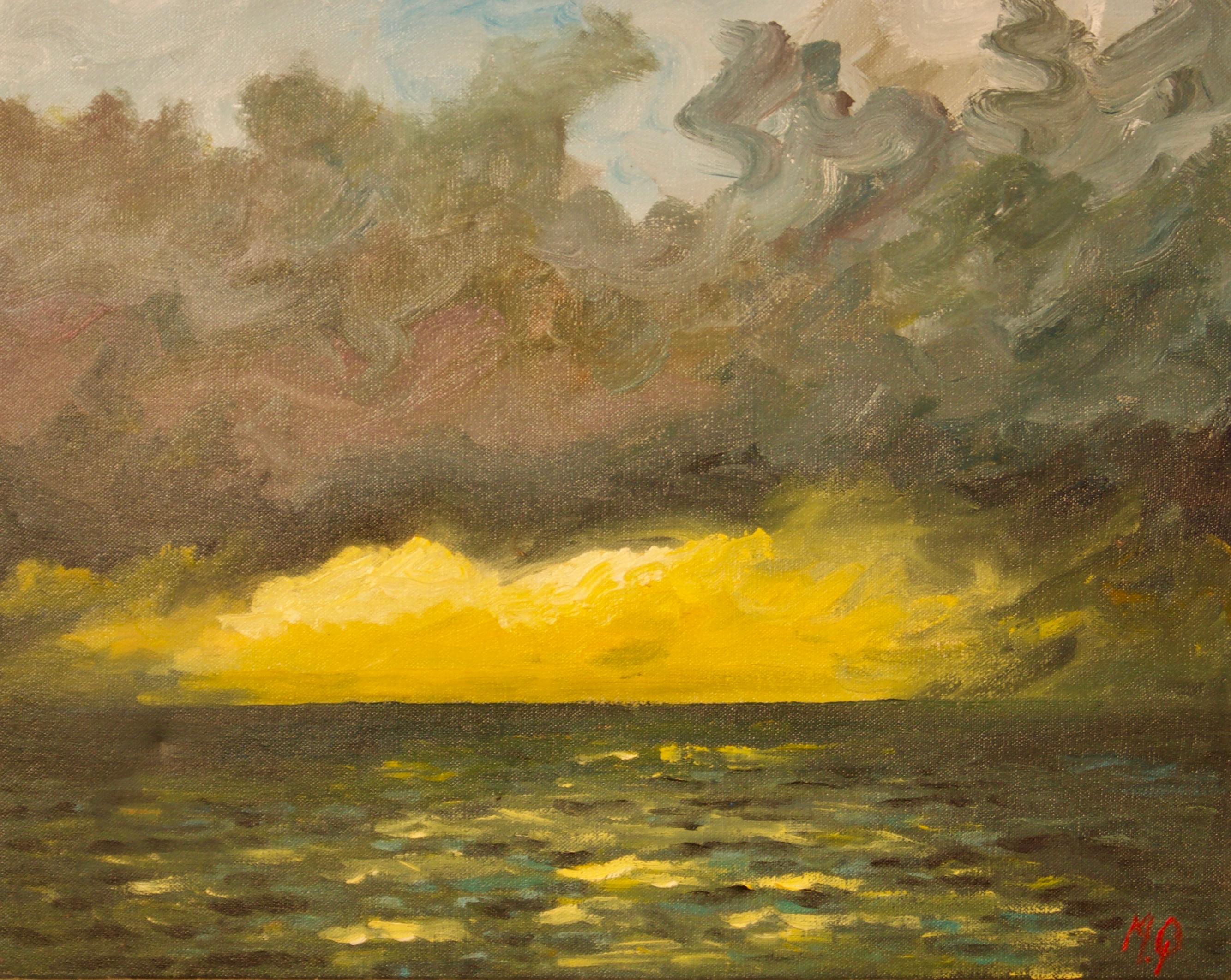 Michael Quirke Landscape Painting - St Ives - Late 20th Century Impressionist Acrylic of Sunset on the Sea by Quirke