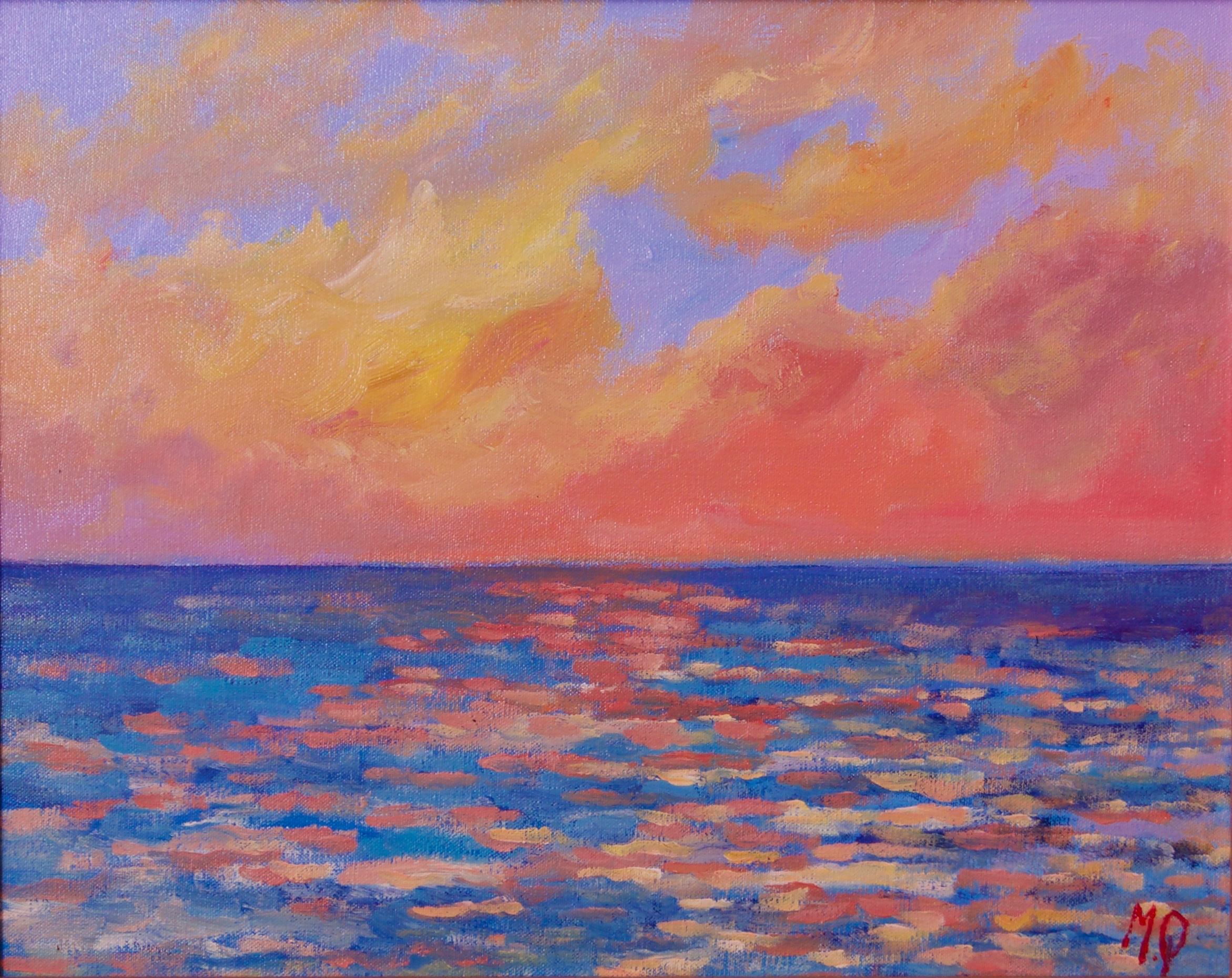 Landscape Painting di Michael Quirke - Tramonto dalla spiaggia di Porthmeor - St Ives - Acrilico della fine del XX secolo di Quirke