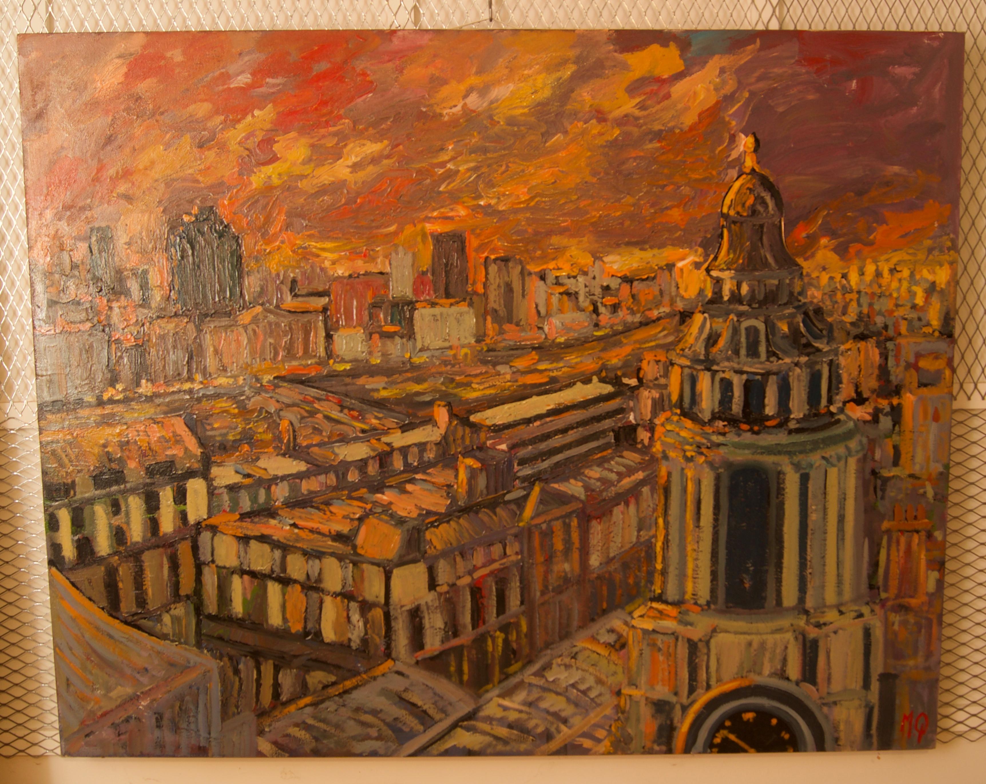 Puesta de sol sobre Londres - Paisaje acrílico impresionista de finales del siglo XX - Quirke - Painting de Michael Quirke