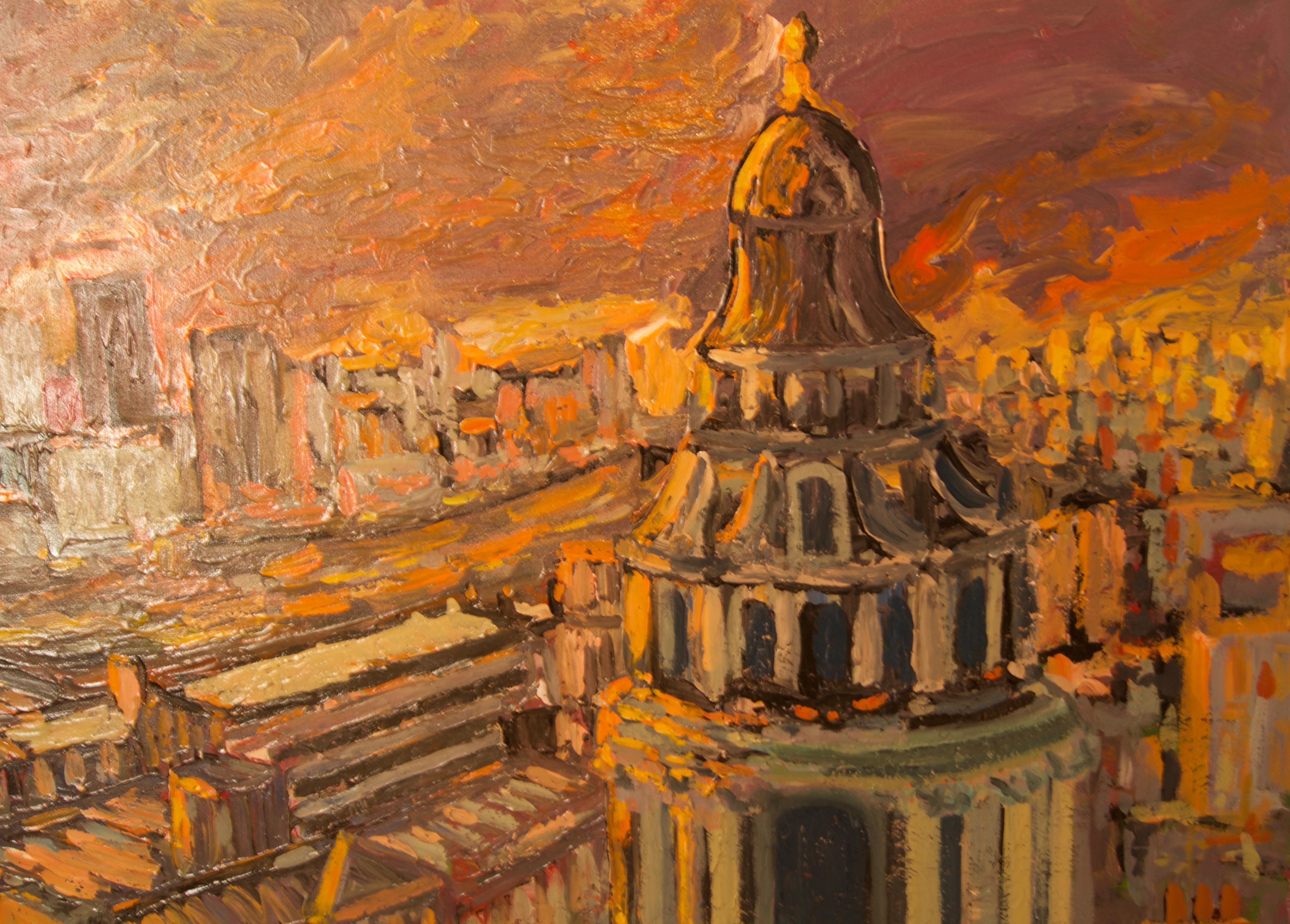 Sunset over London - Late 20th Century Impressionist Acrylic Landscape - Quirke - Post-Impressionist Painting by Michael Quirke