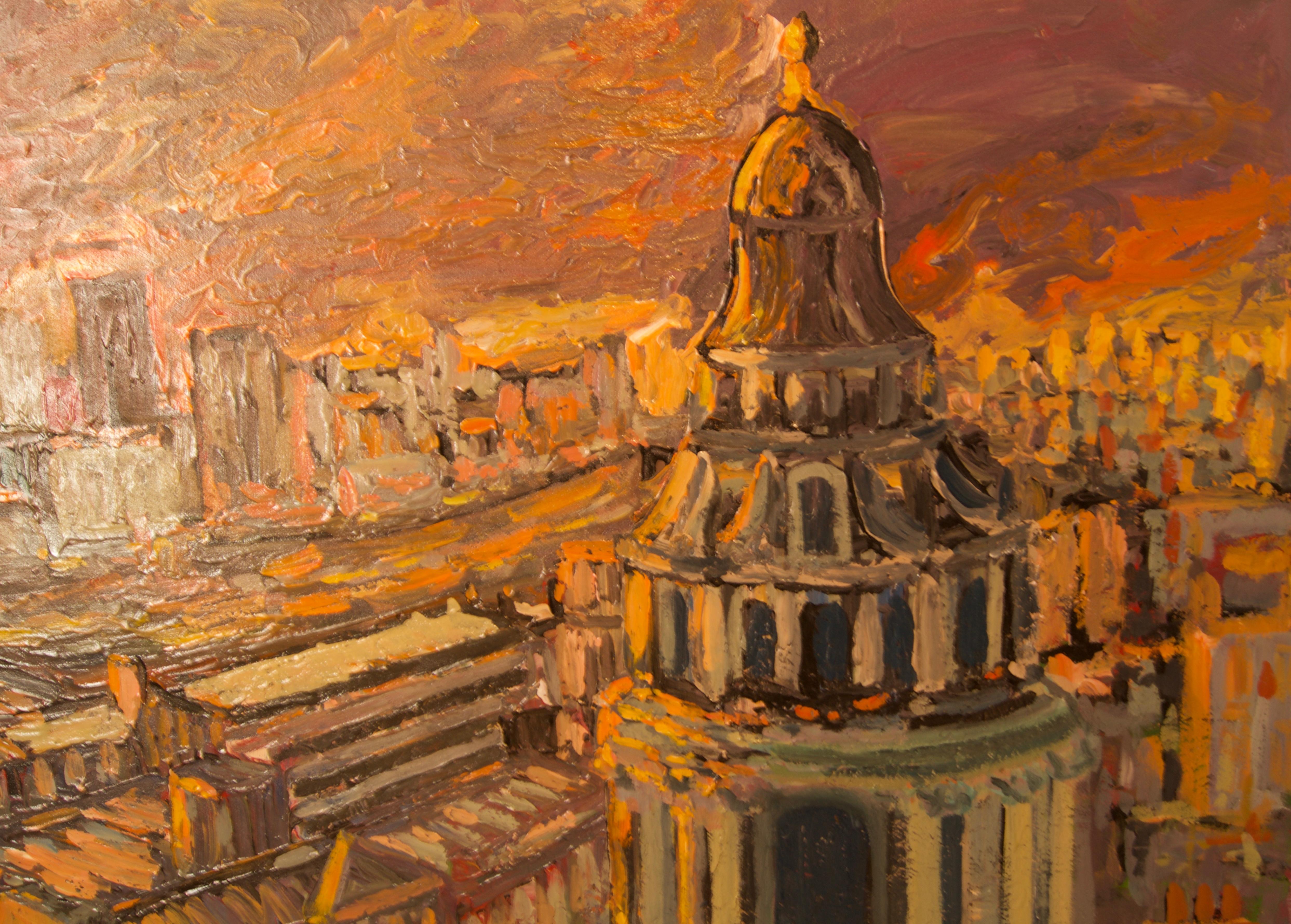 Puesta de sol sobre Londres - Paisaje acrílico impresionista de finales del siglo XX - Quirke - Painting Posimpresionista de Michael Quirke