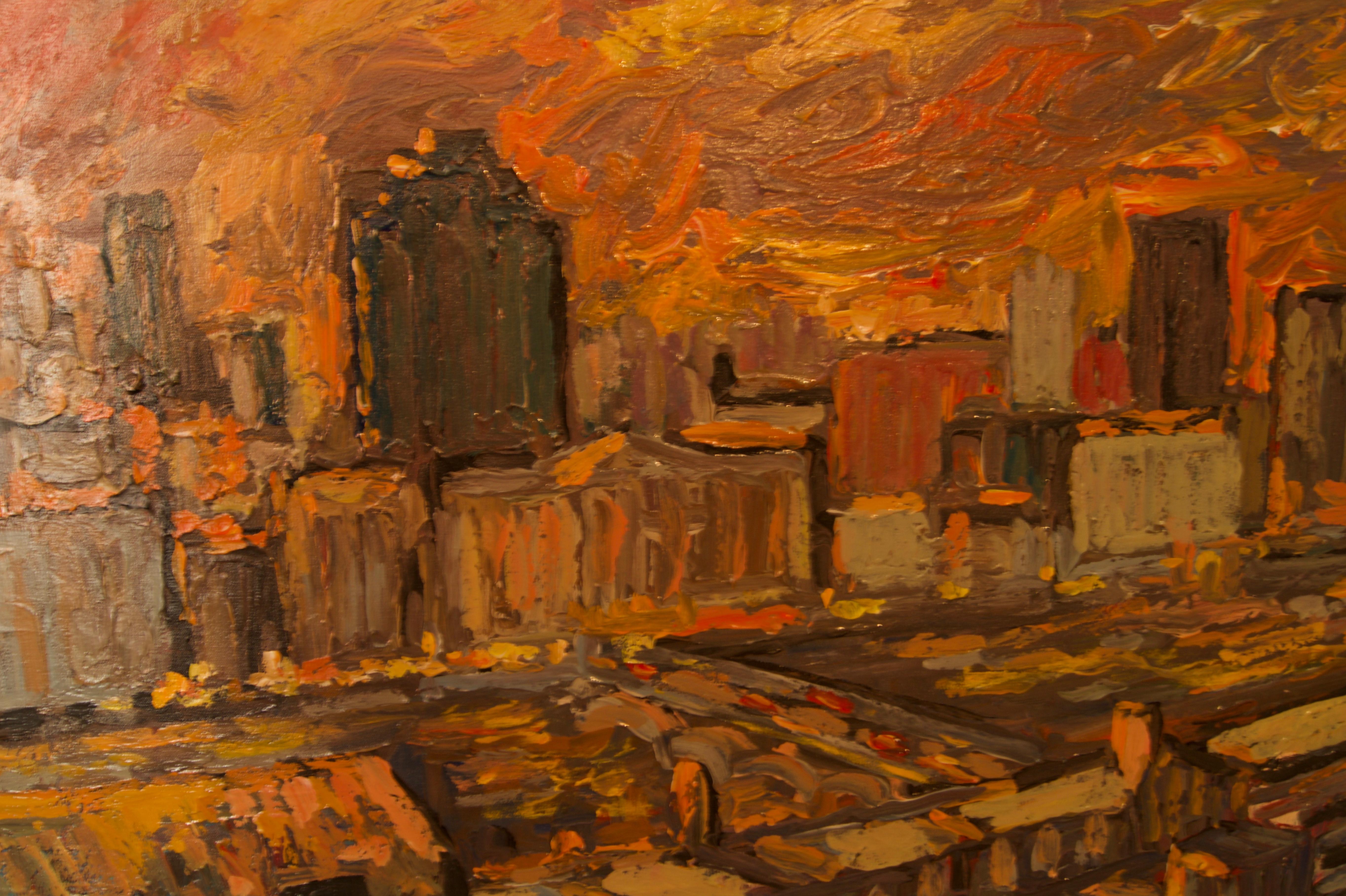 Puesta de sol sobre Londres - Paisaje acrílico impresionista de finales del siglo XX - Quirke - Landscape Painting Marrón de Michael Quirke