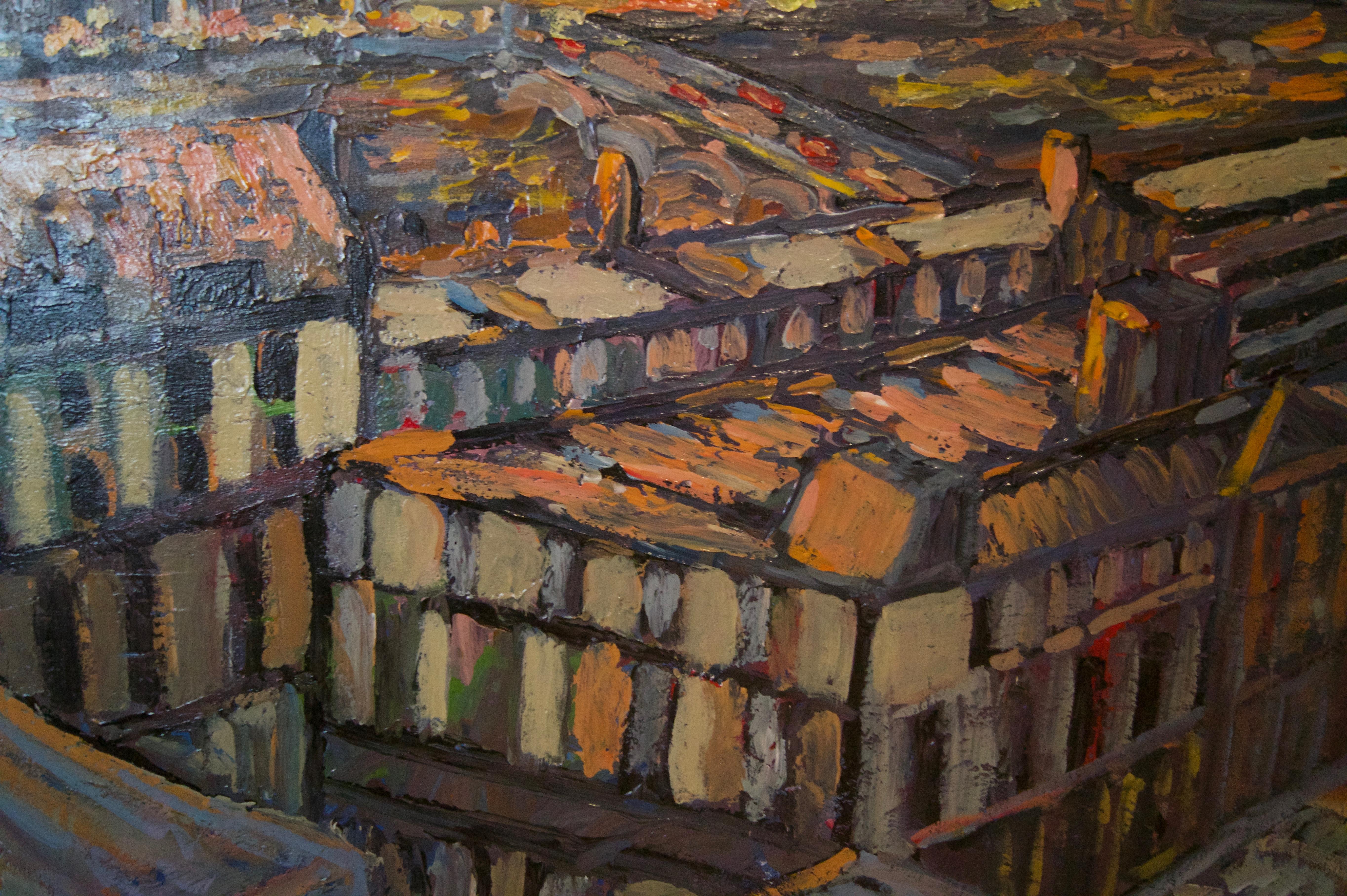 Puesta de sol sobre Londres - Paisaje acrílico impresionista de finales del siglo XX - Quirke en venta 1