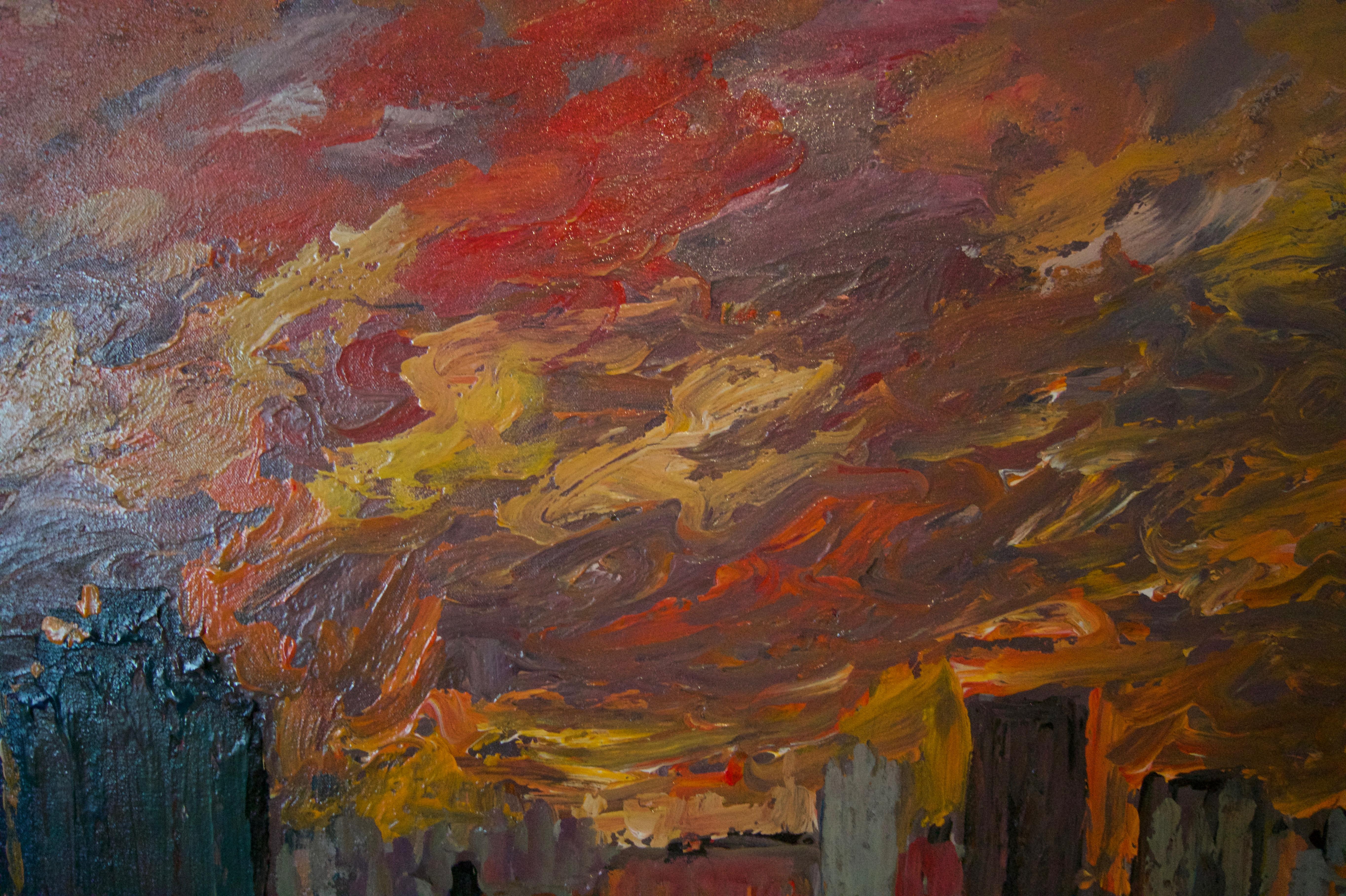 Puesta de sol sobre Londres - Paisaje acrílico impresionista de finales del siglo XX - Quirke en venta 2