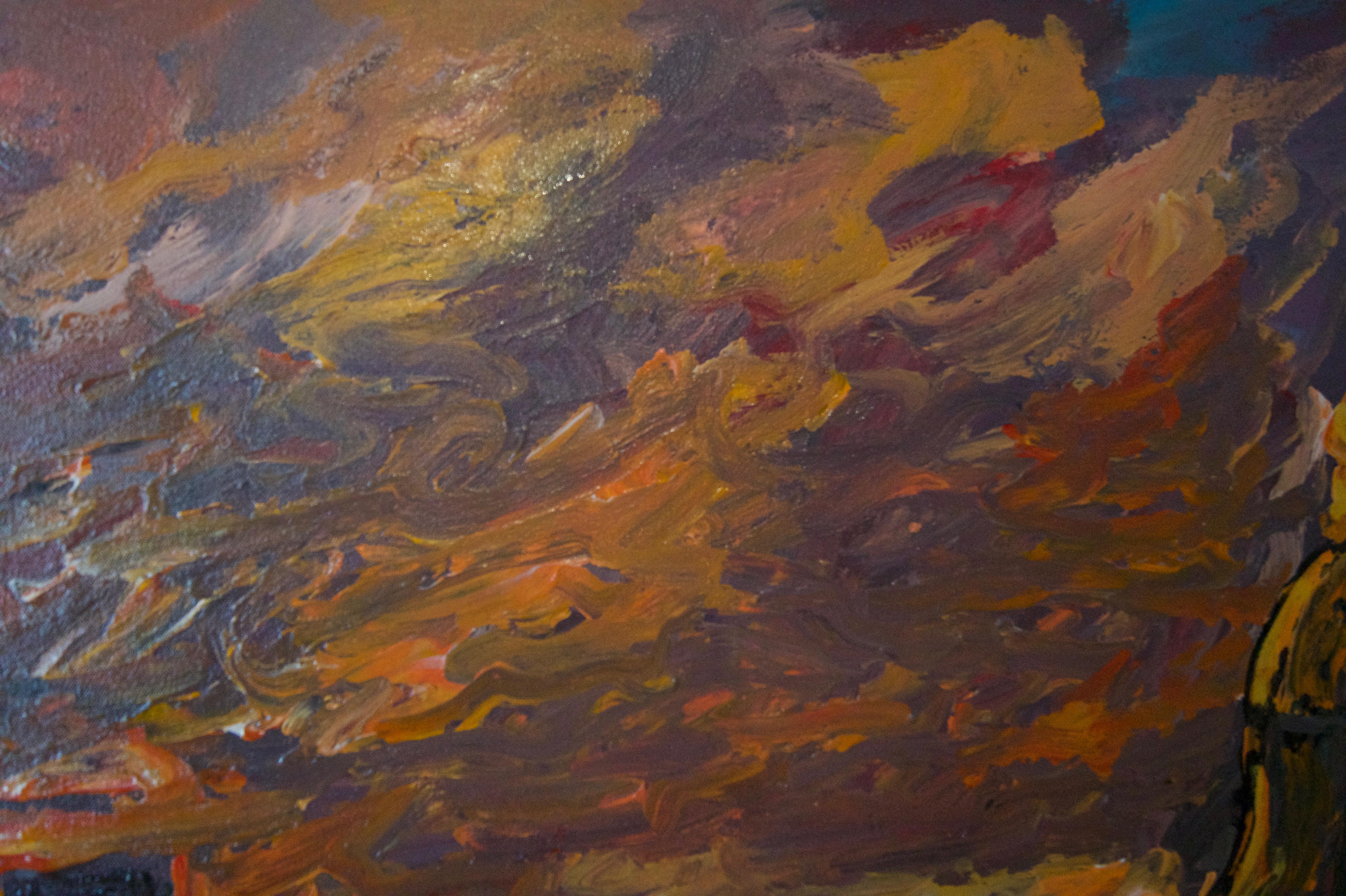 Sunset over London - Late 20th Century Impressionist Acrylic Landscape - Quirke For Sale 4