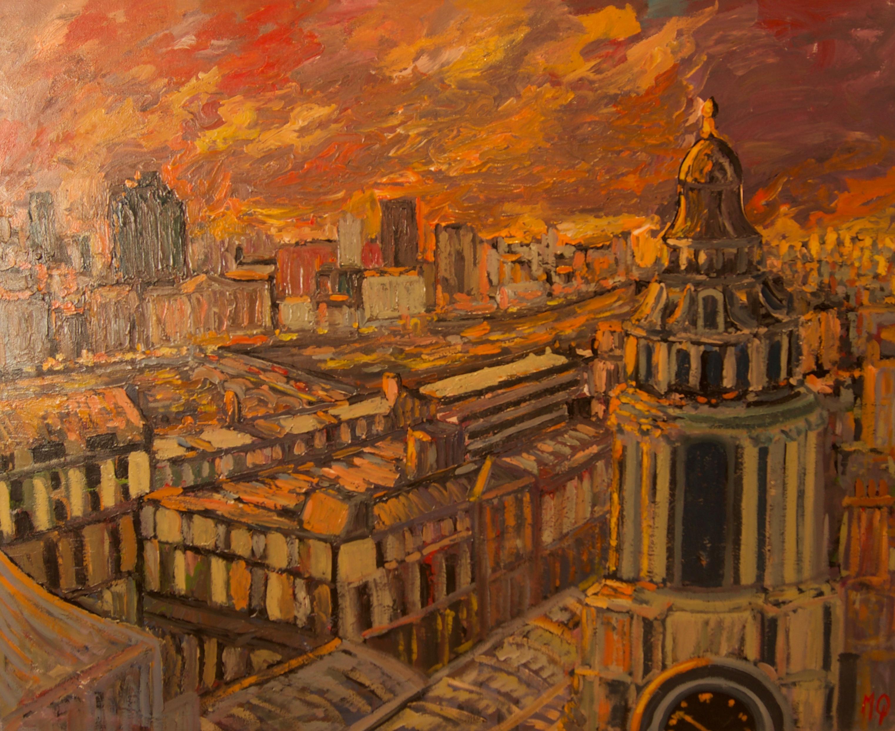 Figurative Painting Michael Quirke - Coucher de soleil sur Londres - Paysage impressionniste à l'acrylique de la fin du 20e siècle - Quirke