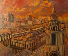 Vintage Sunset over London - Late 20th Century Impressionist Acrylic Landscape - Quirke