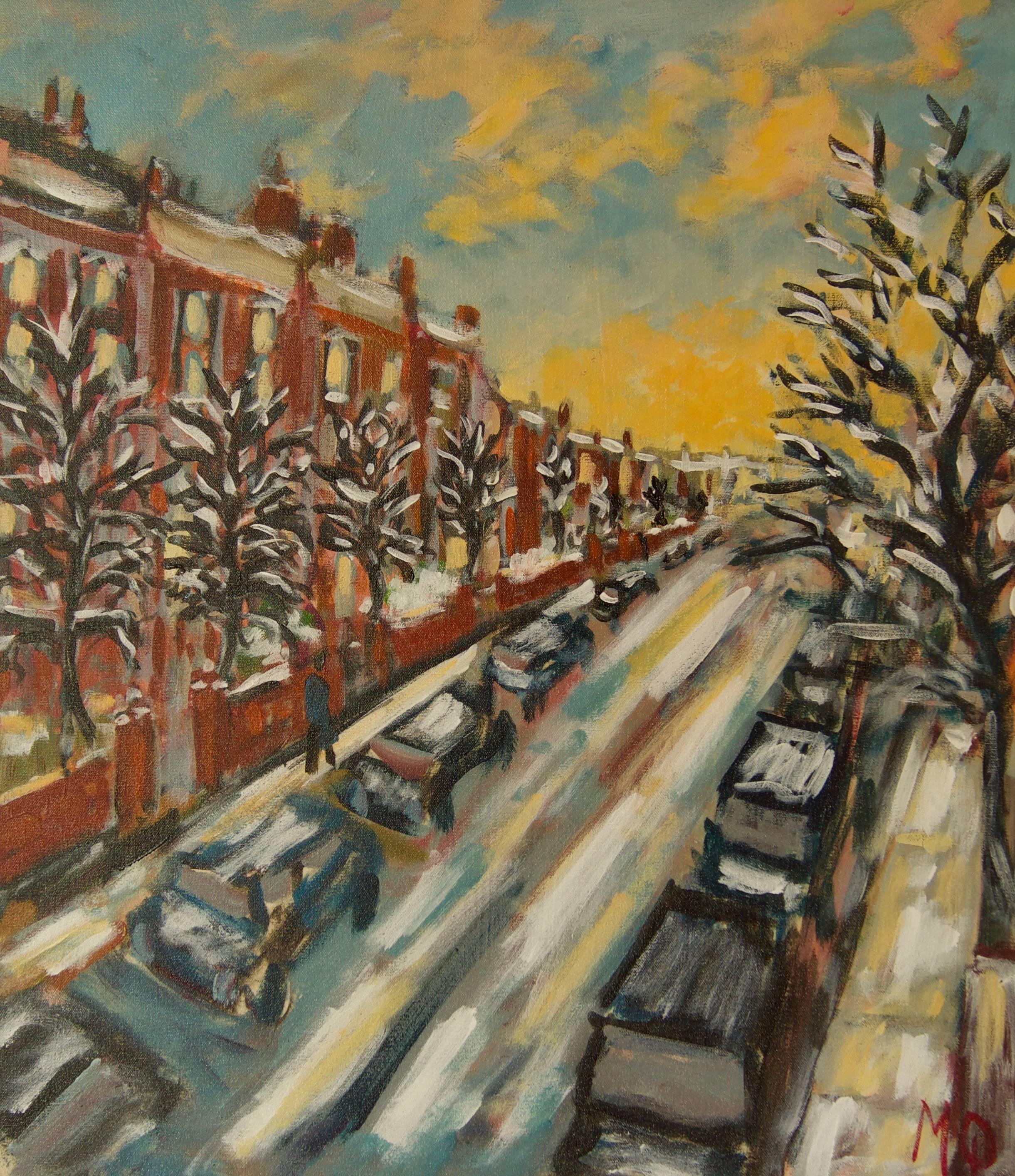 Michael Quirke Landscape Painting - Winters Evening Hampstead - Late 20th Century Impressionist Acrylic by Quirke