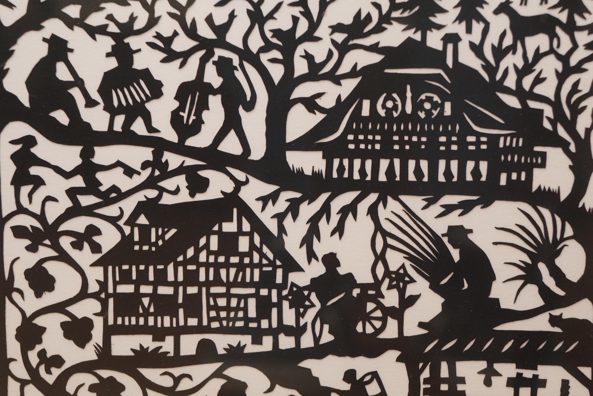 Scherenschnitte sind eine Kunst des Papierschneidens, die auf das 16. Jahrhundert zurückgeht.  In diesem neueren Beispiel verwendet der Künstler Michael Raedecker 