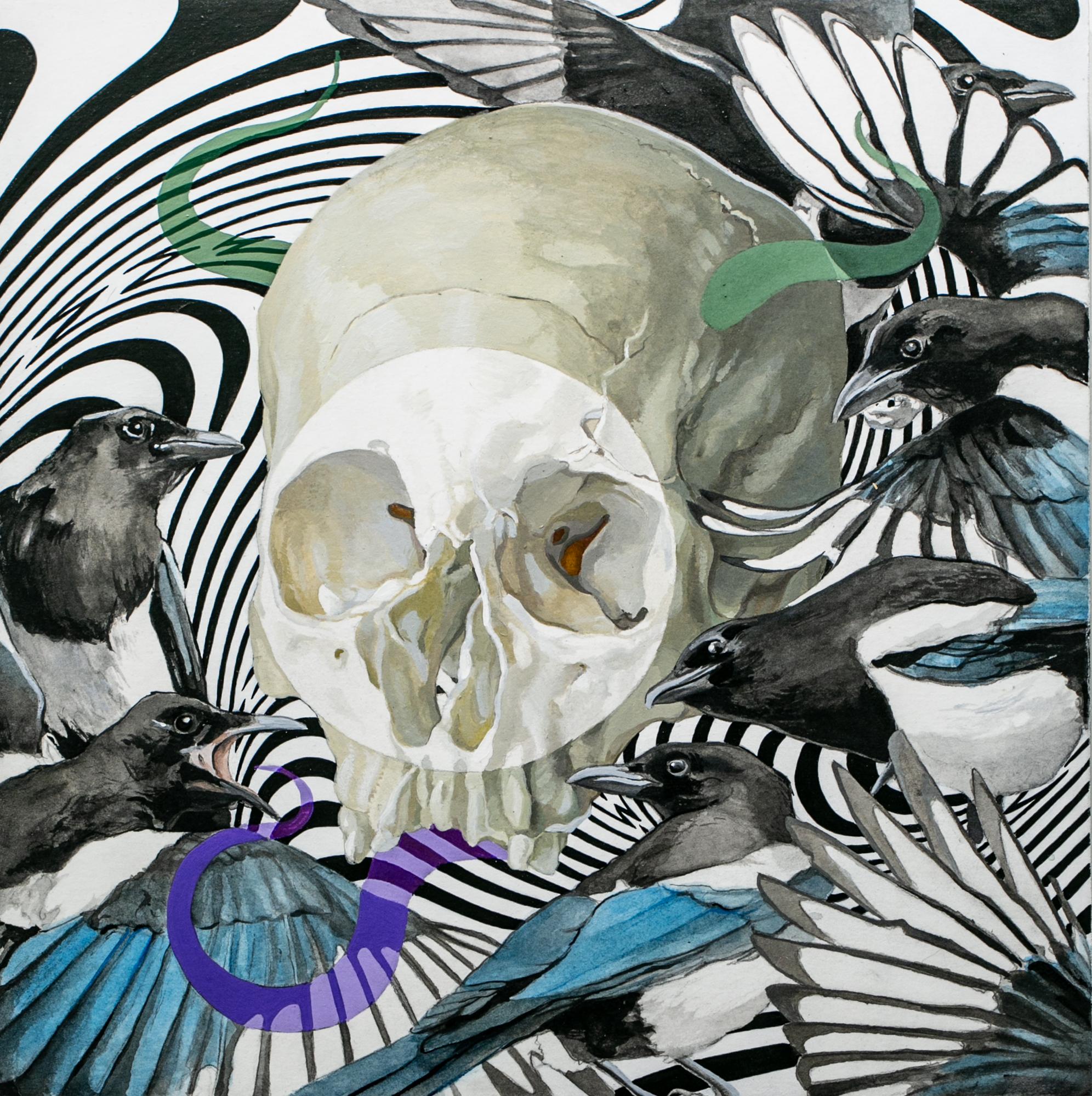 "His Own Self", Figurative Painting, Gouache and Watercolor, Still Life, Skull