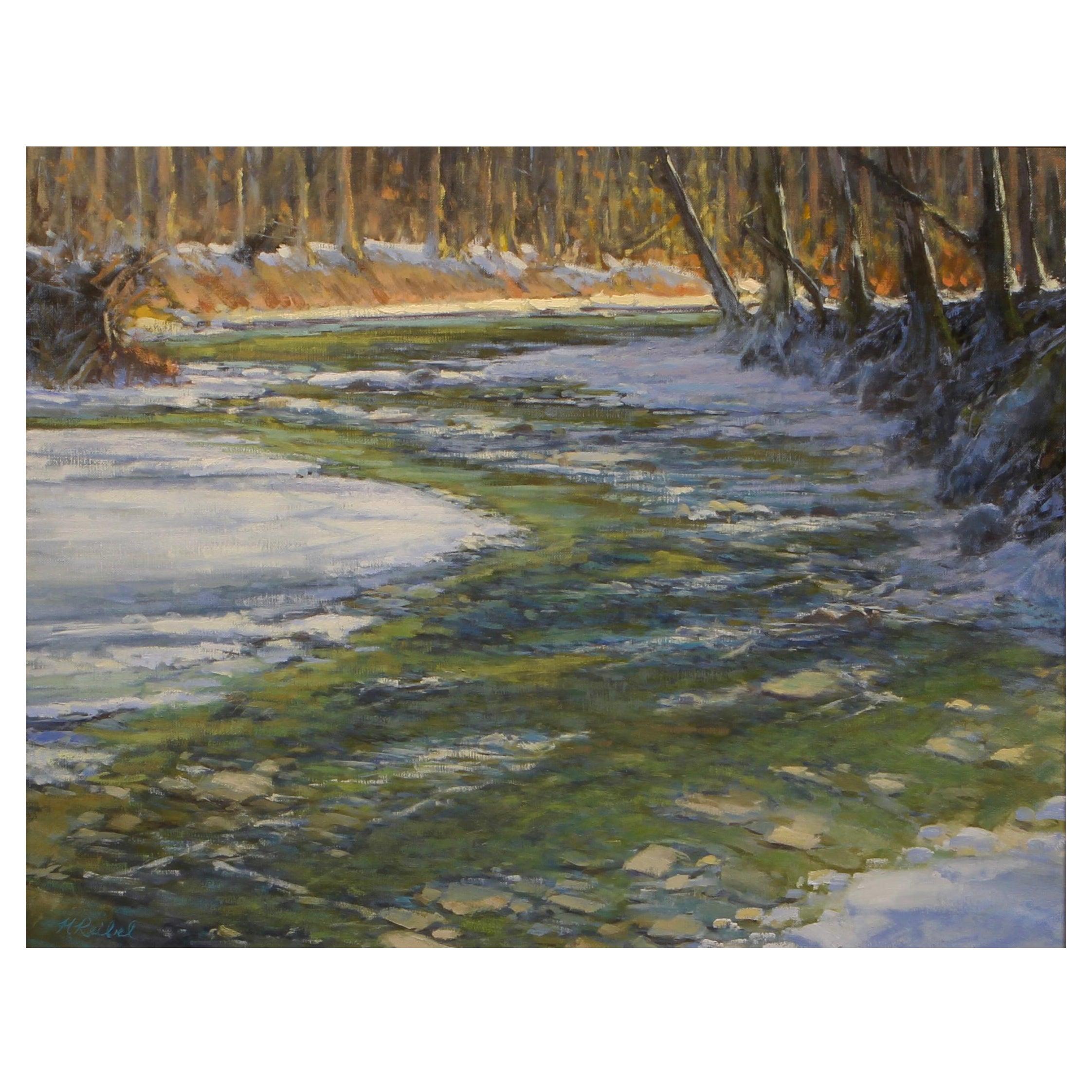 Öl auf Leinwand gerahmtes Gemälde "Frühlingstauwetter" von Michael Reibel. Ungerahmt 22" x 28"

Der 1964 geborene und in Louisville, Kentucky, aufgewachsene Michael erinnerte sich bereits im Alter von 5 Jahren an seine ersten künstlerischen