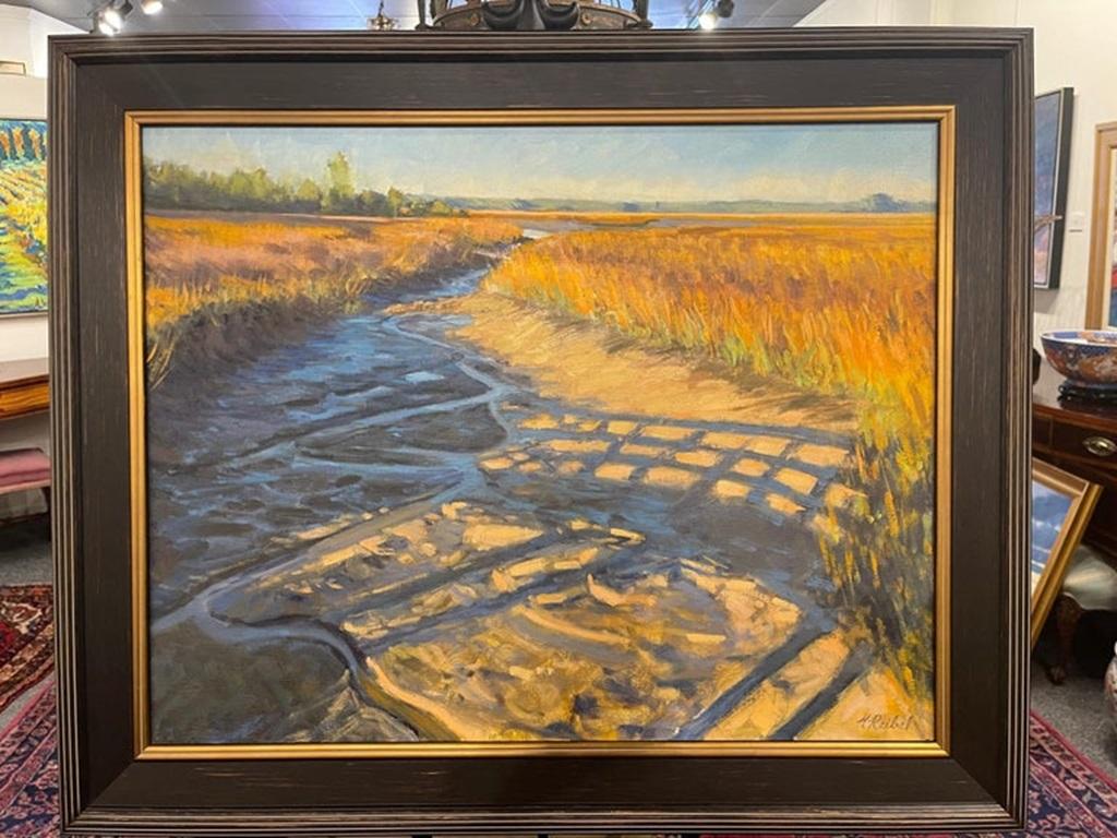 Öl auf Leinwand Gerahmtes Gemälde „Distant Island Marsh Shadows“ von Michael Reibel, Öl im Angebot 2