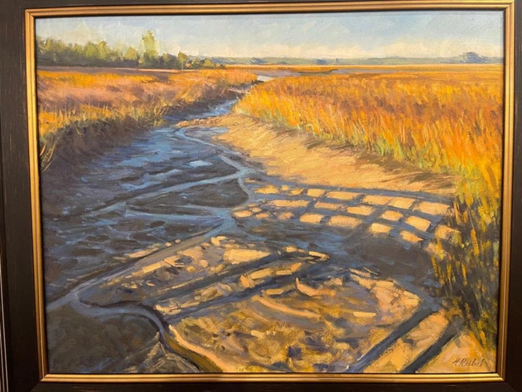 Öl auf Leinwand Gerahmtes Gemälde „Distant Island Marsh Shadows“ von Michael Reibel, Öl im Angebot 3