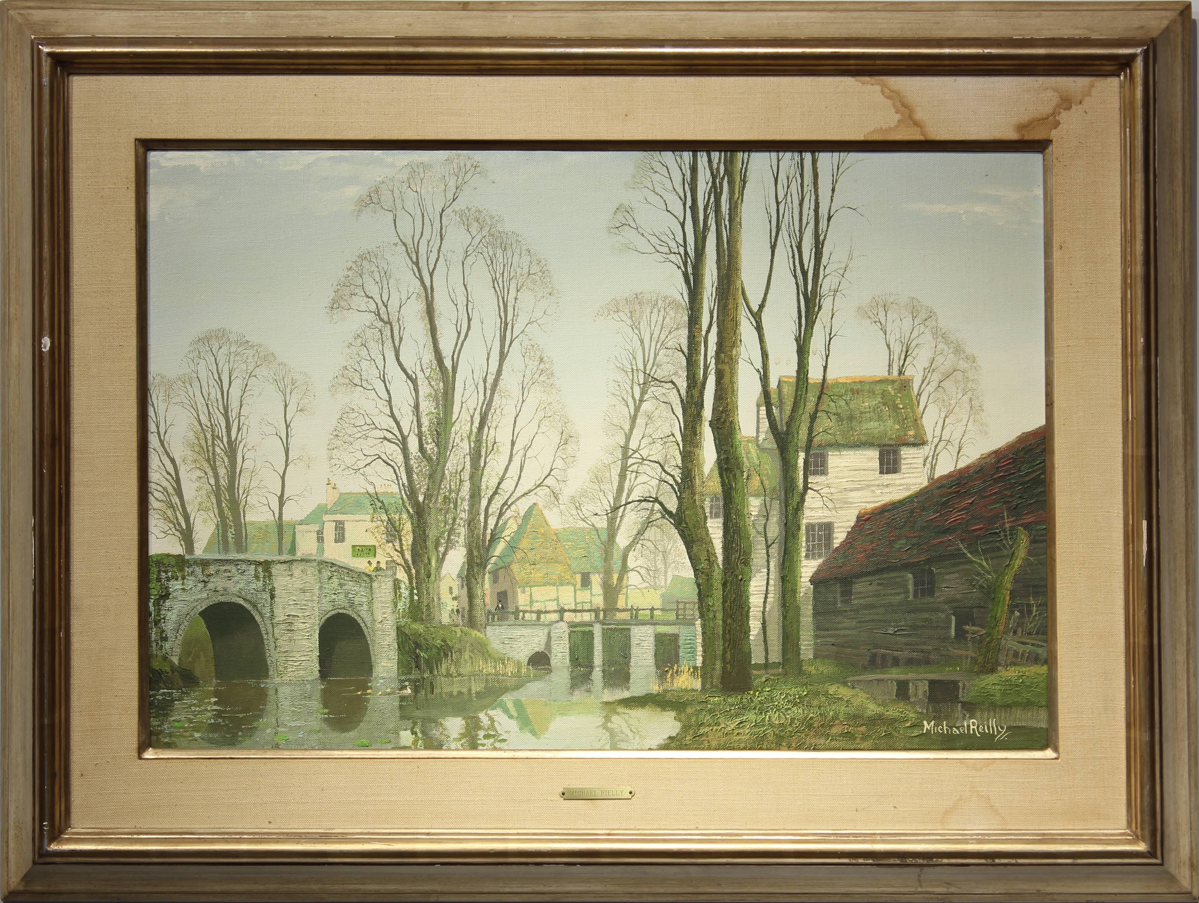 Michael Reilly Still-Life Painting - "Mill Pond with Bridge" Naturalistic Landscape Painting
