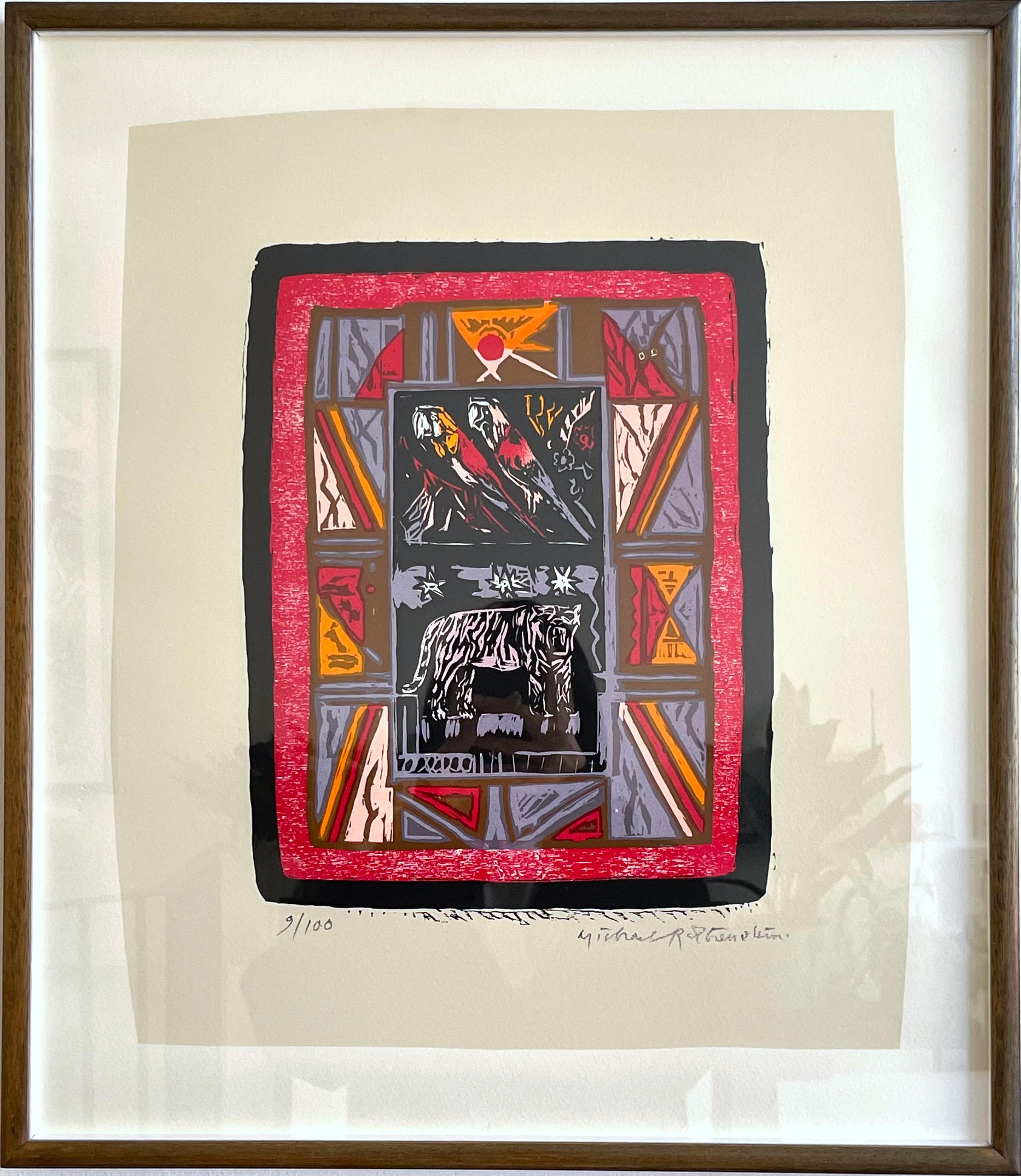 Little Zoo III - Abstract with Tiger and Parrots - Brown Abstract Print by Michael Rothenstein, RA