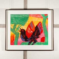 The Garden II - Grande gravure sur bois moderniste et colorée représentant un oiseau, en rouge, jaune et vert
