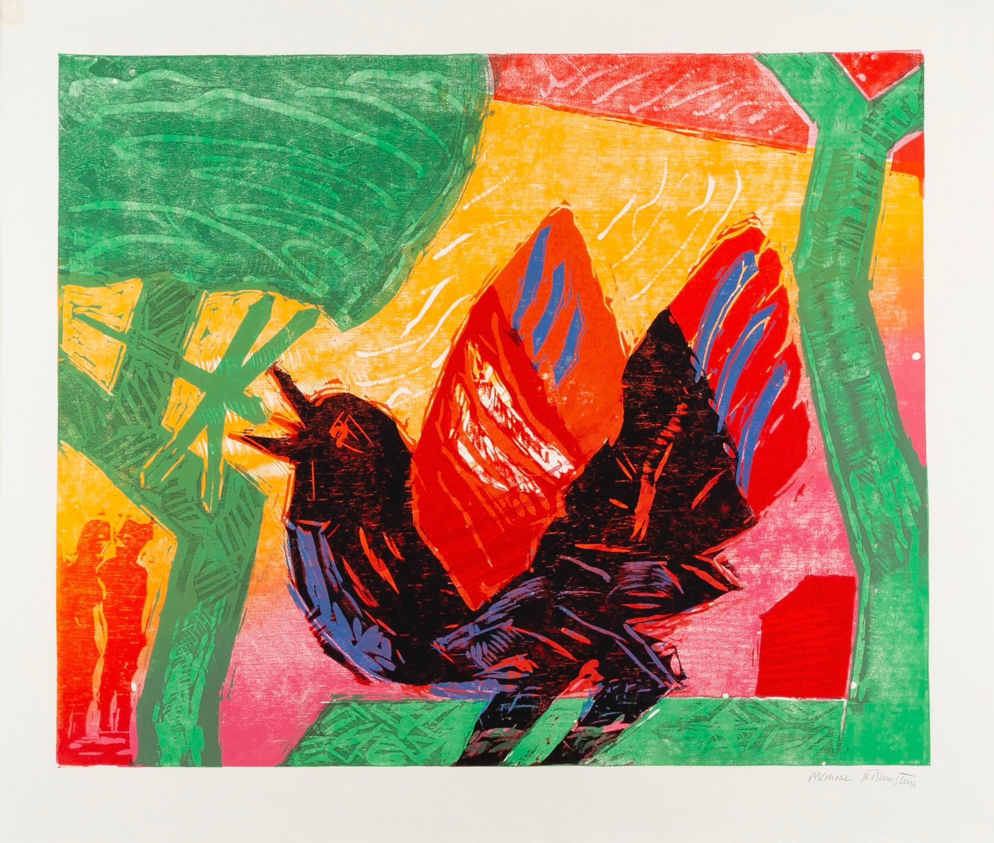 The Garden II - Grande gravure sur bois moderniste et colorée représentant un oiseau, en rouge, jaune et vert