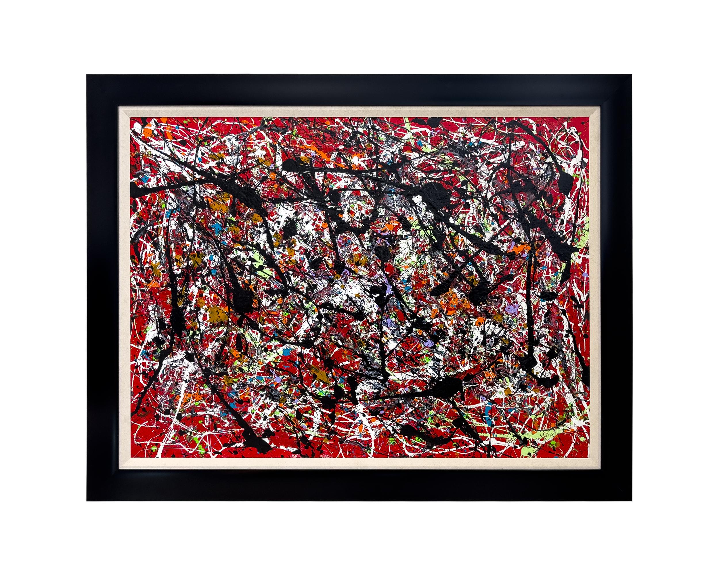 Questo dinamico Michael Schofield (americano, 1947)  L'olio astratto su tela è una composizione visivamente sorprendente, impregnata dell'energia e della spontaneità caratteristiche dell'espressionismo astratto moderno. La tela è dominata da una