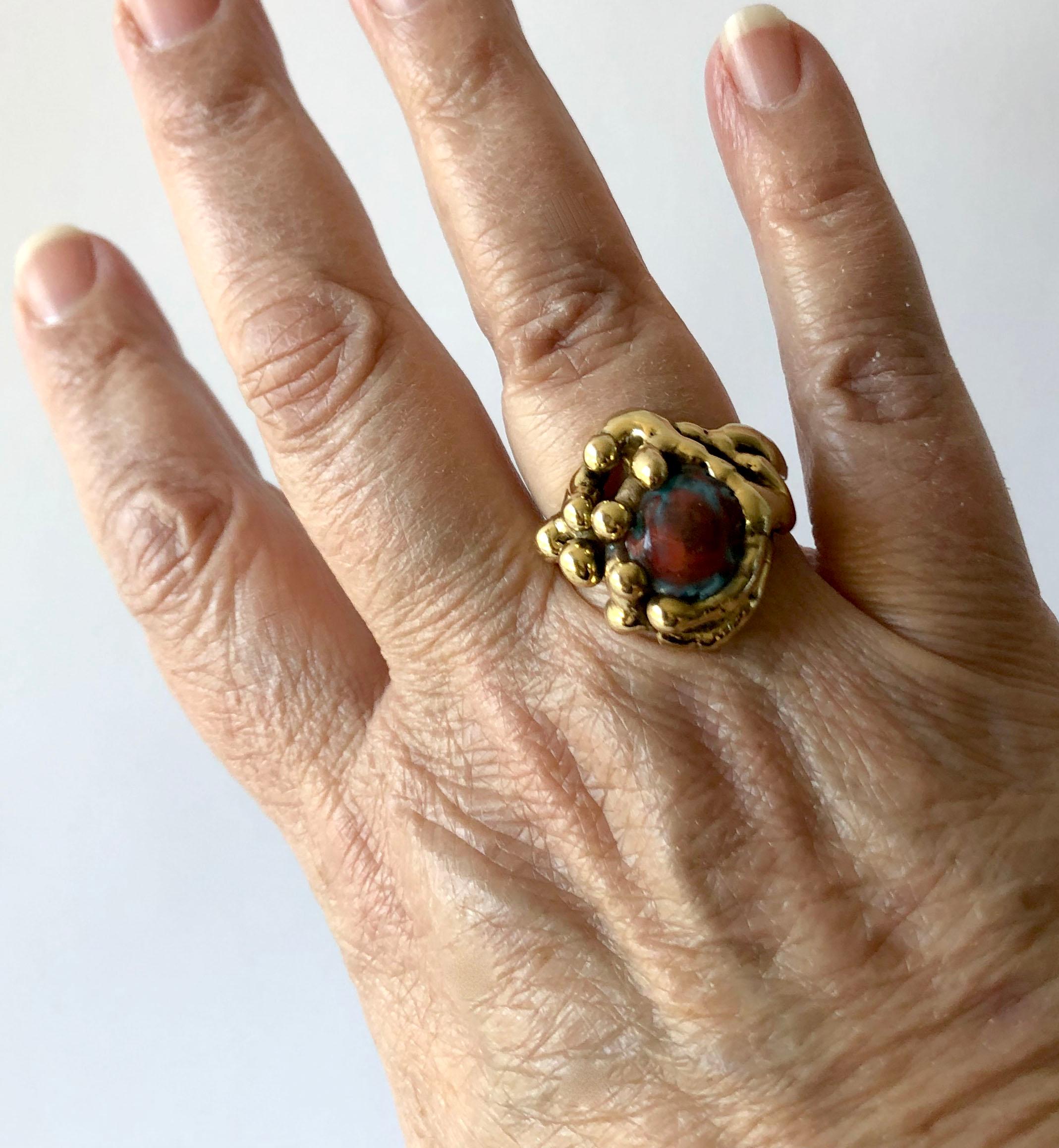 Women's or Men's Michael Schwade Handmade Bronze Glass Organic Modernist Ring