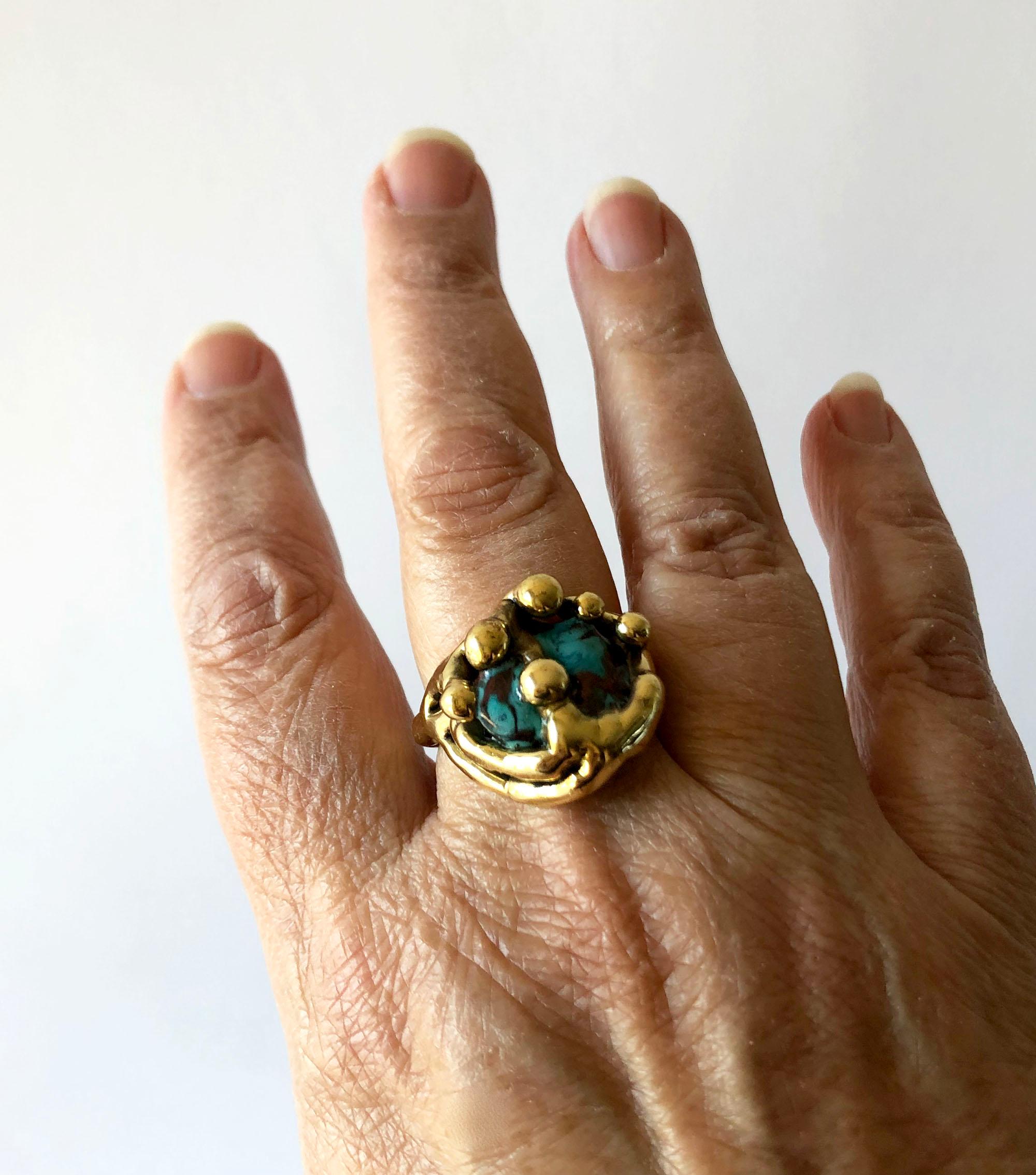 Artisan Michael Schwade Handmade Bronze Glass Organic Modernist Ring For Sale