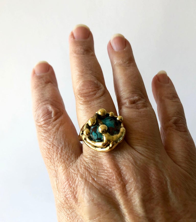 Women's or Men's Michael Schwade Handmade Bronze Glass Organic Modernist Ring For Sale