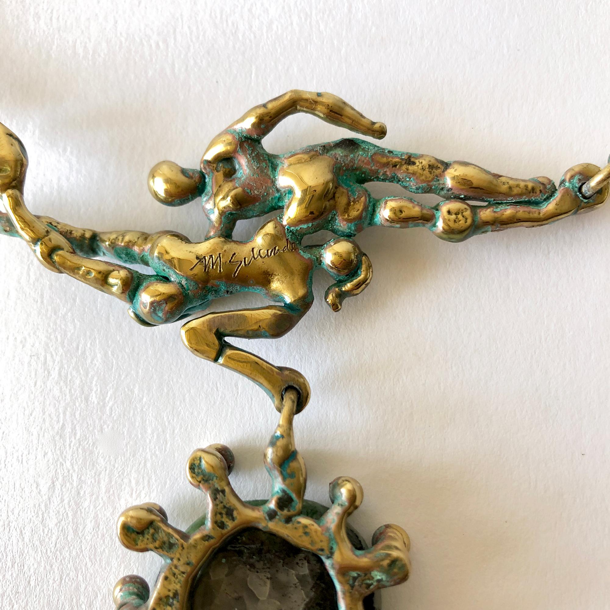 Michael Schwade Patinated Bronze Glass Nude Space Ballet Necklace 1