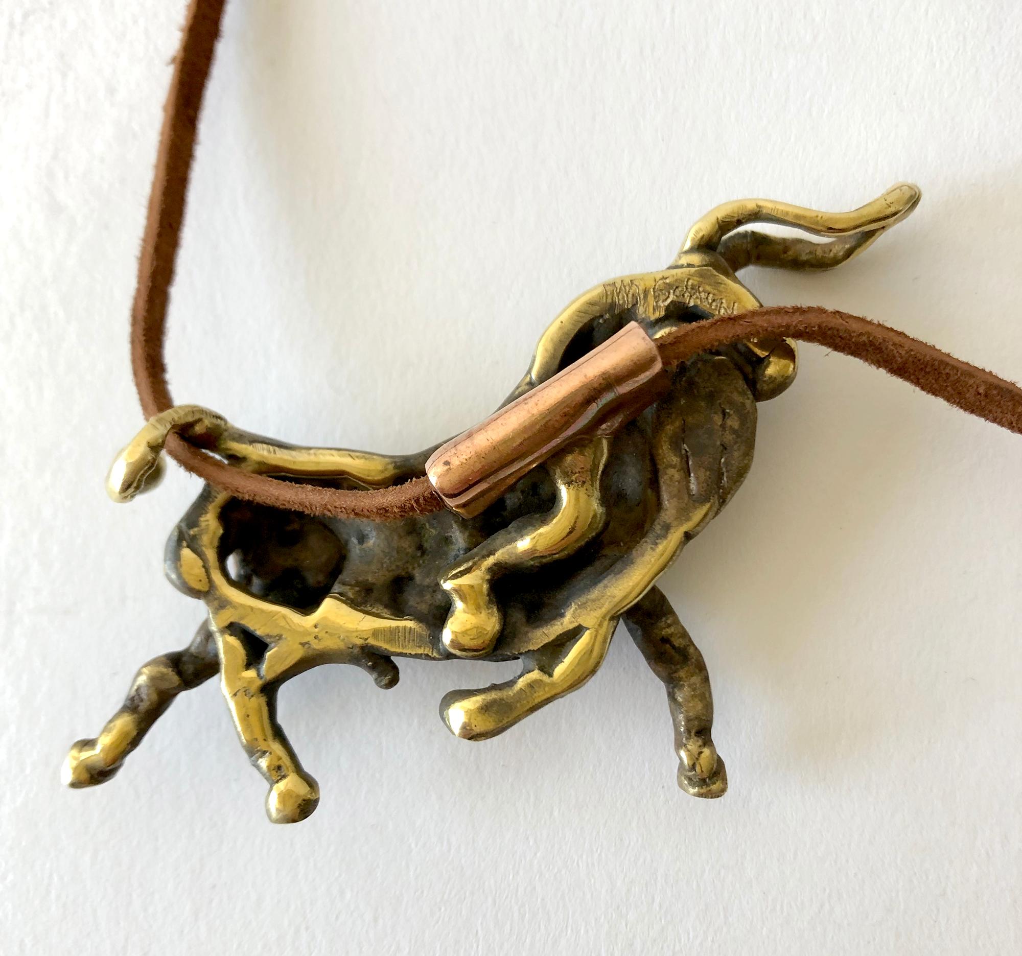 Artisan Michael Schwade Torch Welded Sculptural Bronze Bull Pendant Necklace