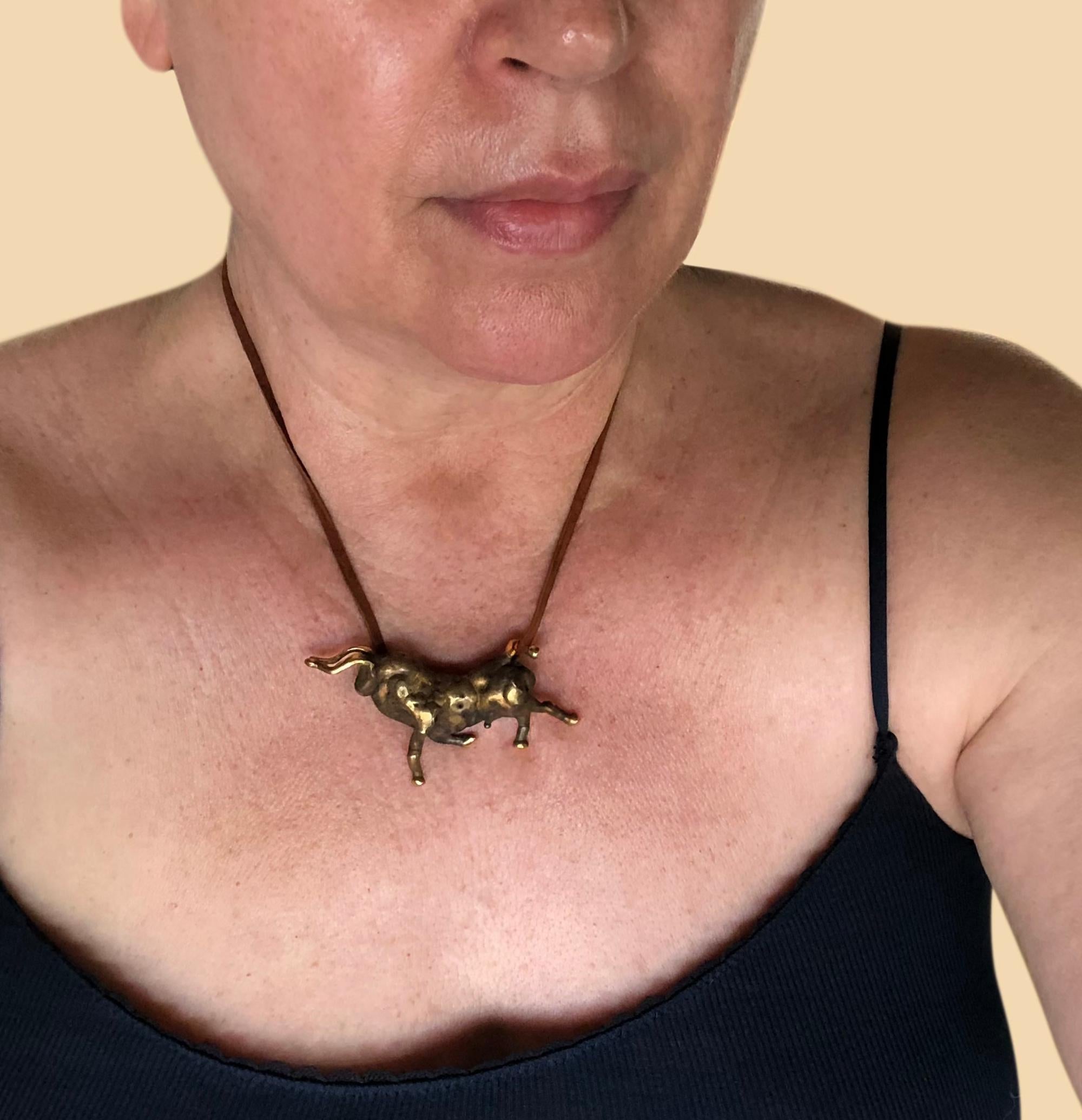 Women's or Men's Michael Schwade Torch Welded Sculptural Bronze Bull Pendant Necklace