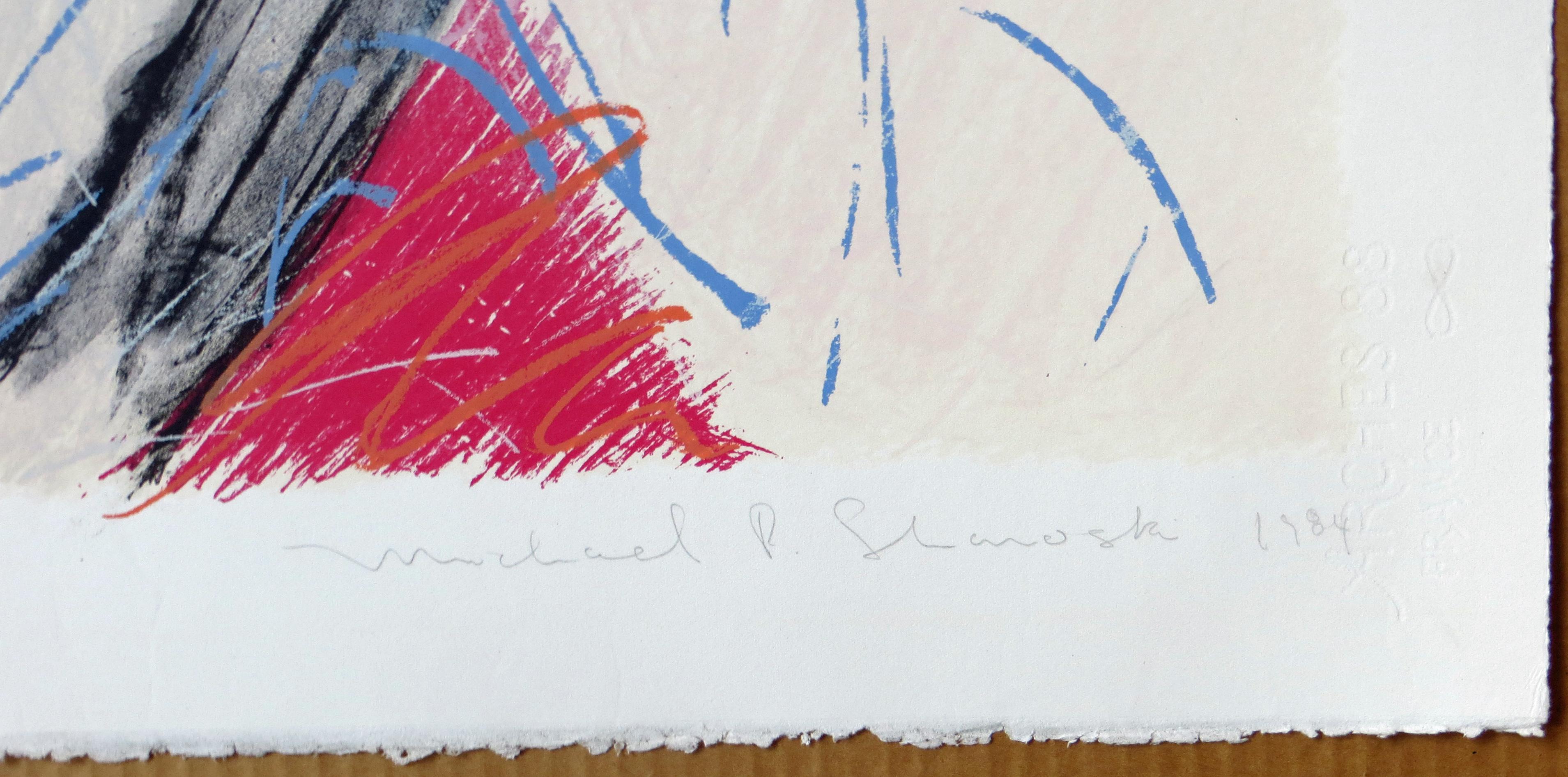 Künstler: Michael Shanoski- Amerikaner (1958-2001)
Titel: Arm halten
Jahr: 1984
Medium: Farbsiebdruck
Größe des Bildes: 18,5 x 24,5 Zoll. 
Blattgröße: 22 x 28 Zoll. Auf Arches 88 Papier
Unterschrift: Signiert unten rechts
Auflage: 100 Diese Ausgabe:
