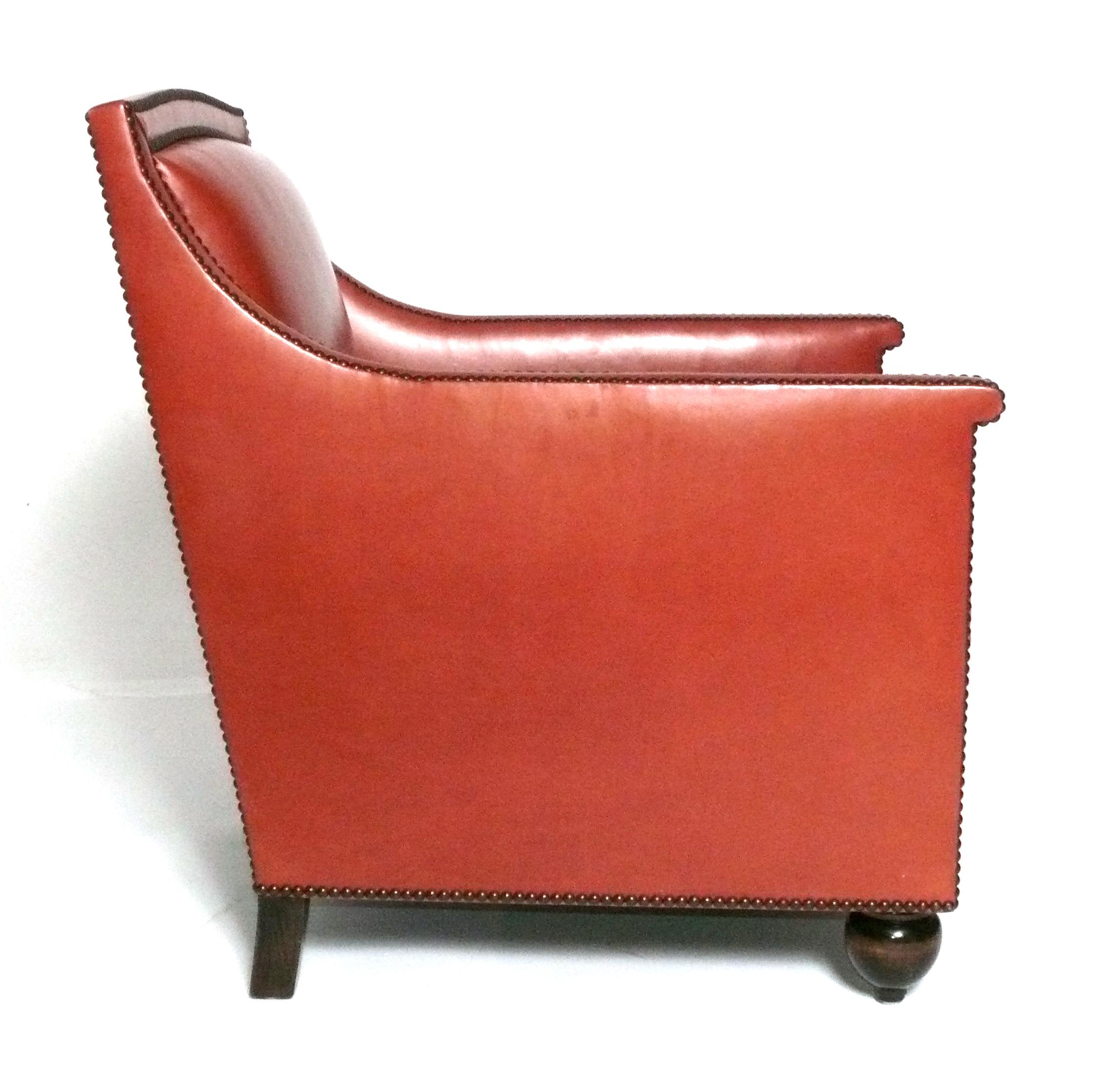 Regency Revival Michael Smith Cognac Leather Lounge Chair Wilshire Model w/ Brass Nailhead Trim For Sale