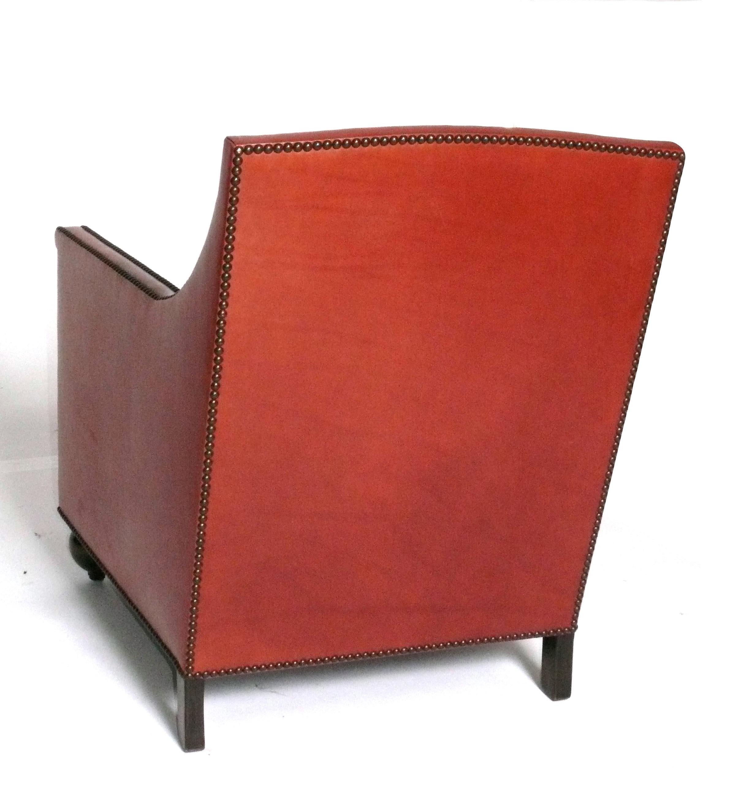 Michael Smith Cognac Leather Lounge Chair Wilshire Model w/ Brass Nailhead Trim In Good Condition For Sale In Atlanta, GA