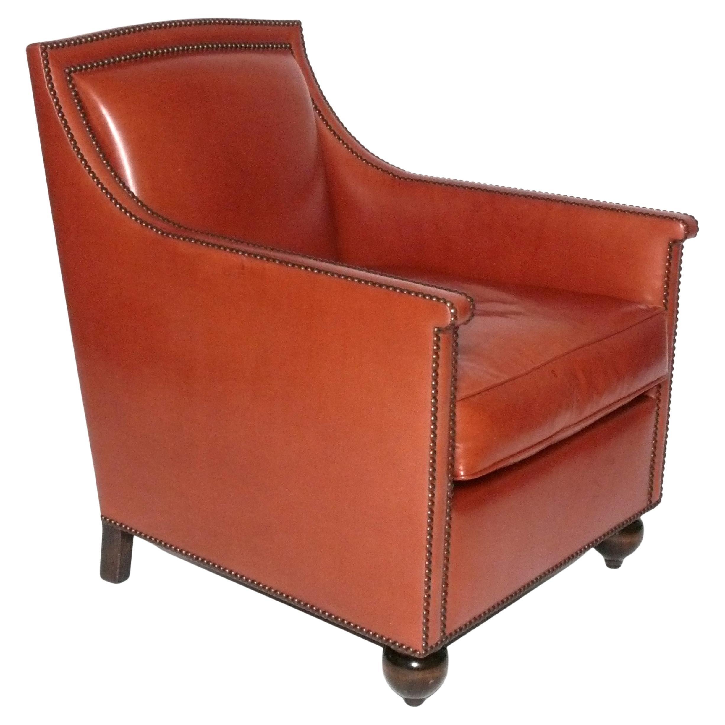 Michael Smith Cognac Leather Lounge Chair Wilshire Model w/ Brass Nailhead Trim For Sale